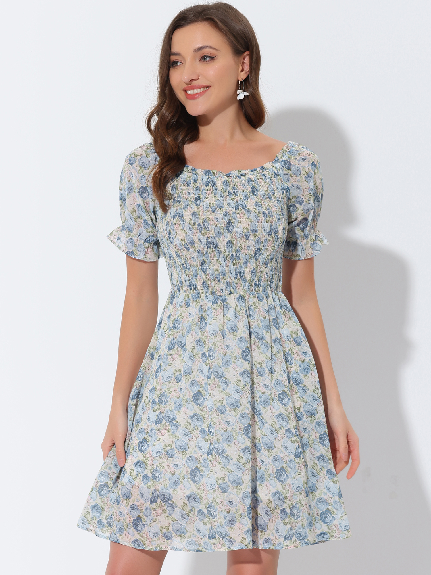 Summer Square Neck Off Shoulder A-Line Smocked Chiffon Floral Dress Light Blue/XS