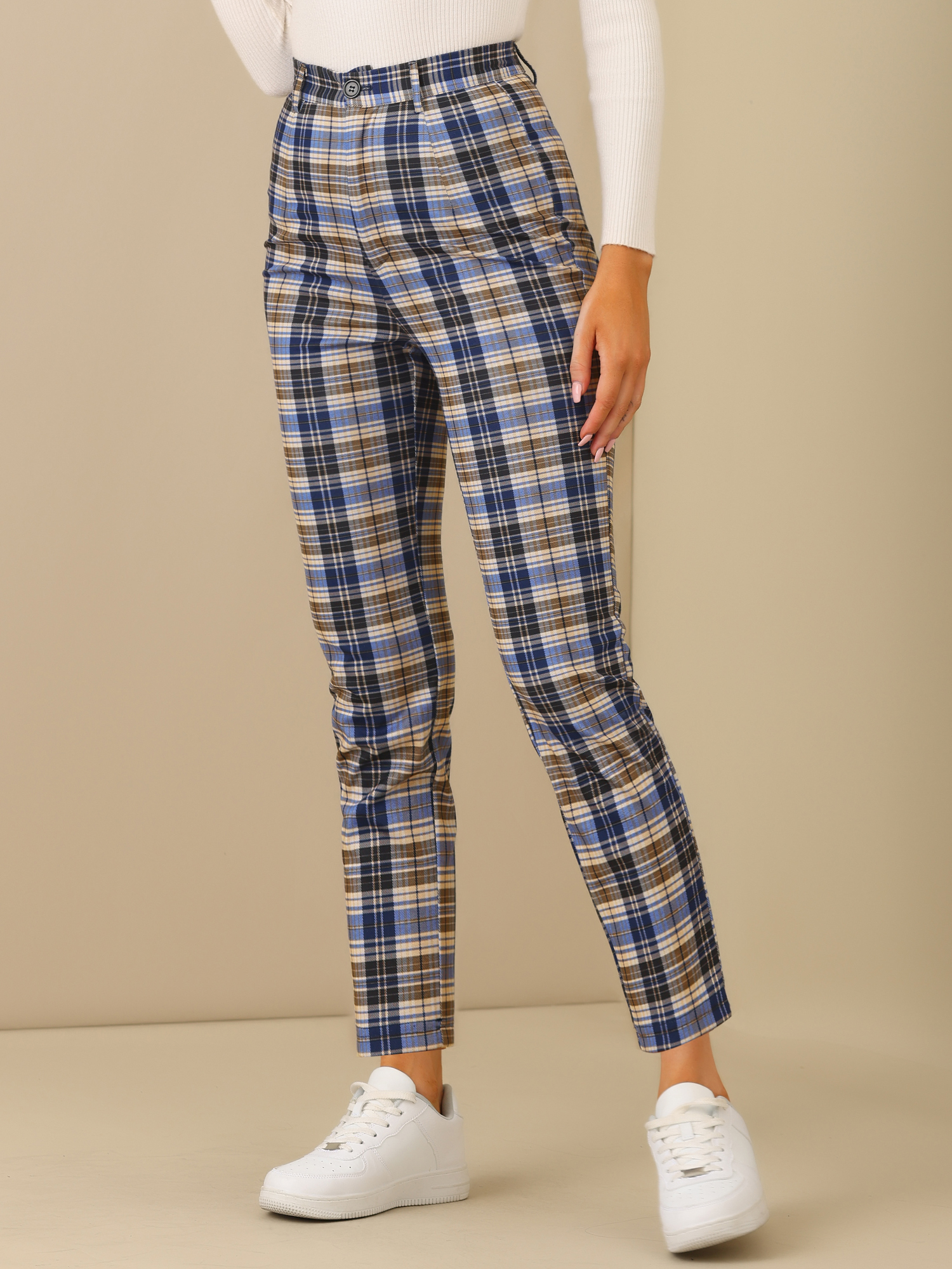 Plaid Cropped Trousers Button Casual Tartan Check Work Pants Blue/XL