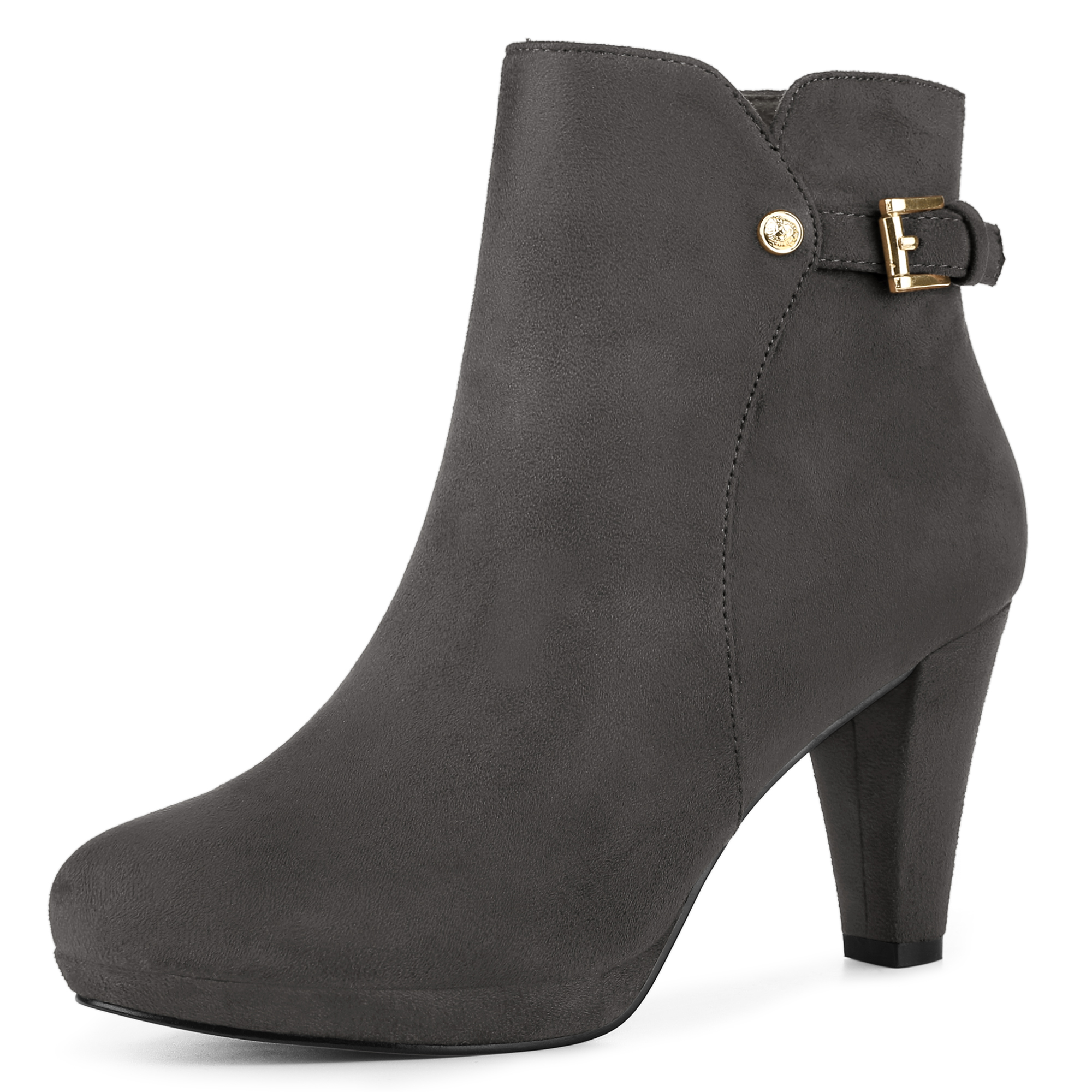 Women's Low Platform Side Zip Buckle Chunky High Heel Ankle Booties Grey/9.5
