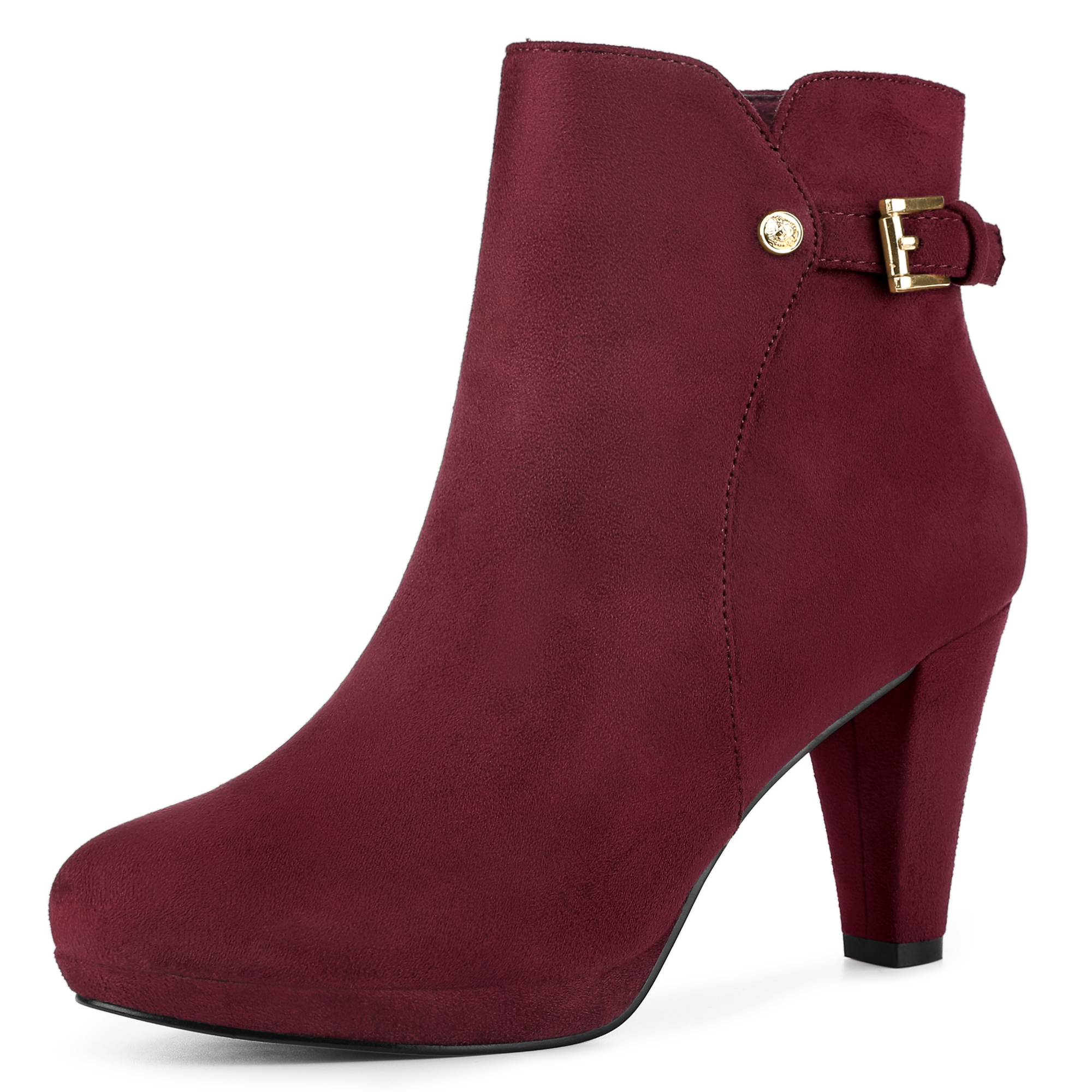 Women's Low Platform Side Zip Buckle Chunky High Heel Ankle Booties Burgundy/6