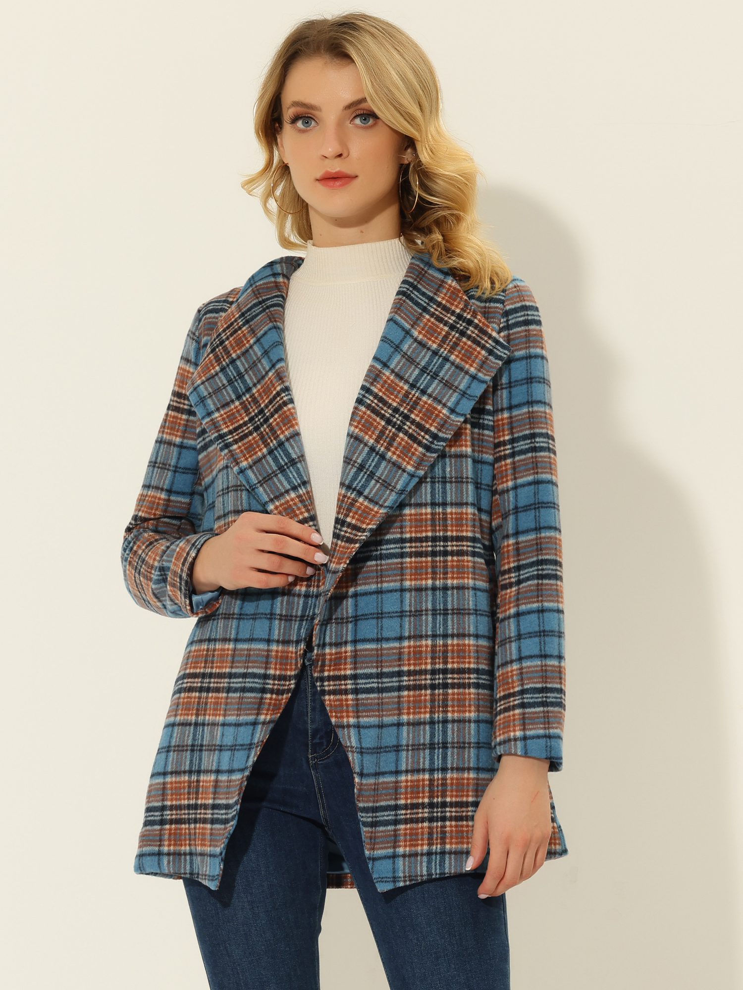 Belted Wrap Outerwear Shawl Collar Asymmetric Hem Plaid Coat Blue/XL