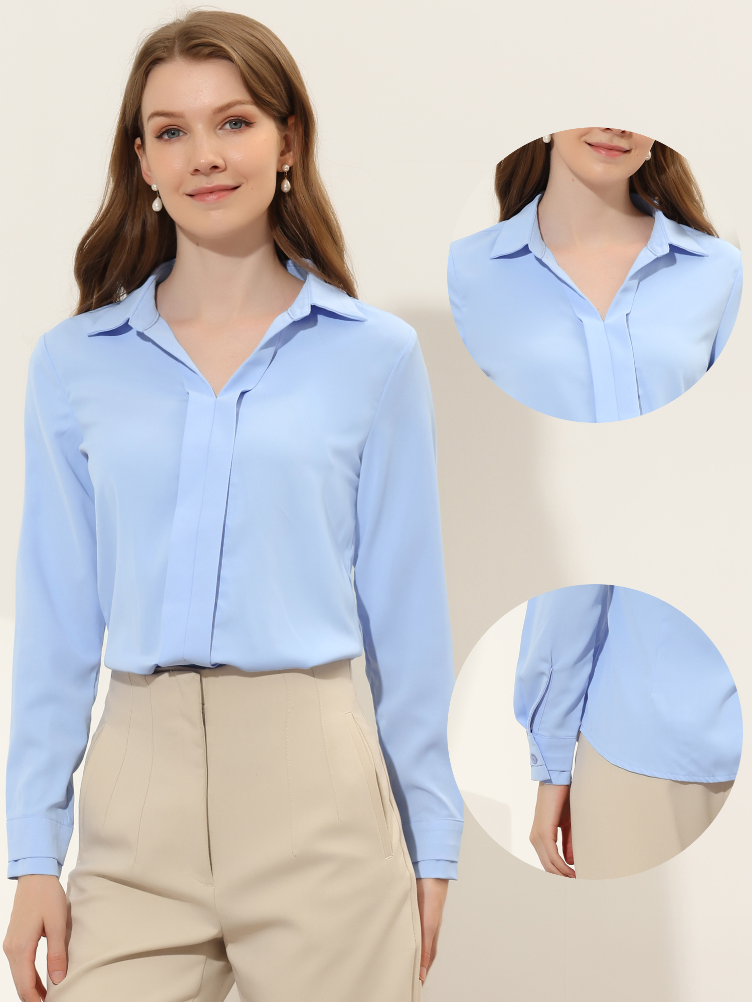 Satin V Neck Long Sleeve Silky Office Work Solid Shirt Light Blues/XL