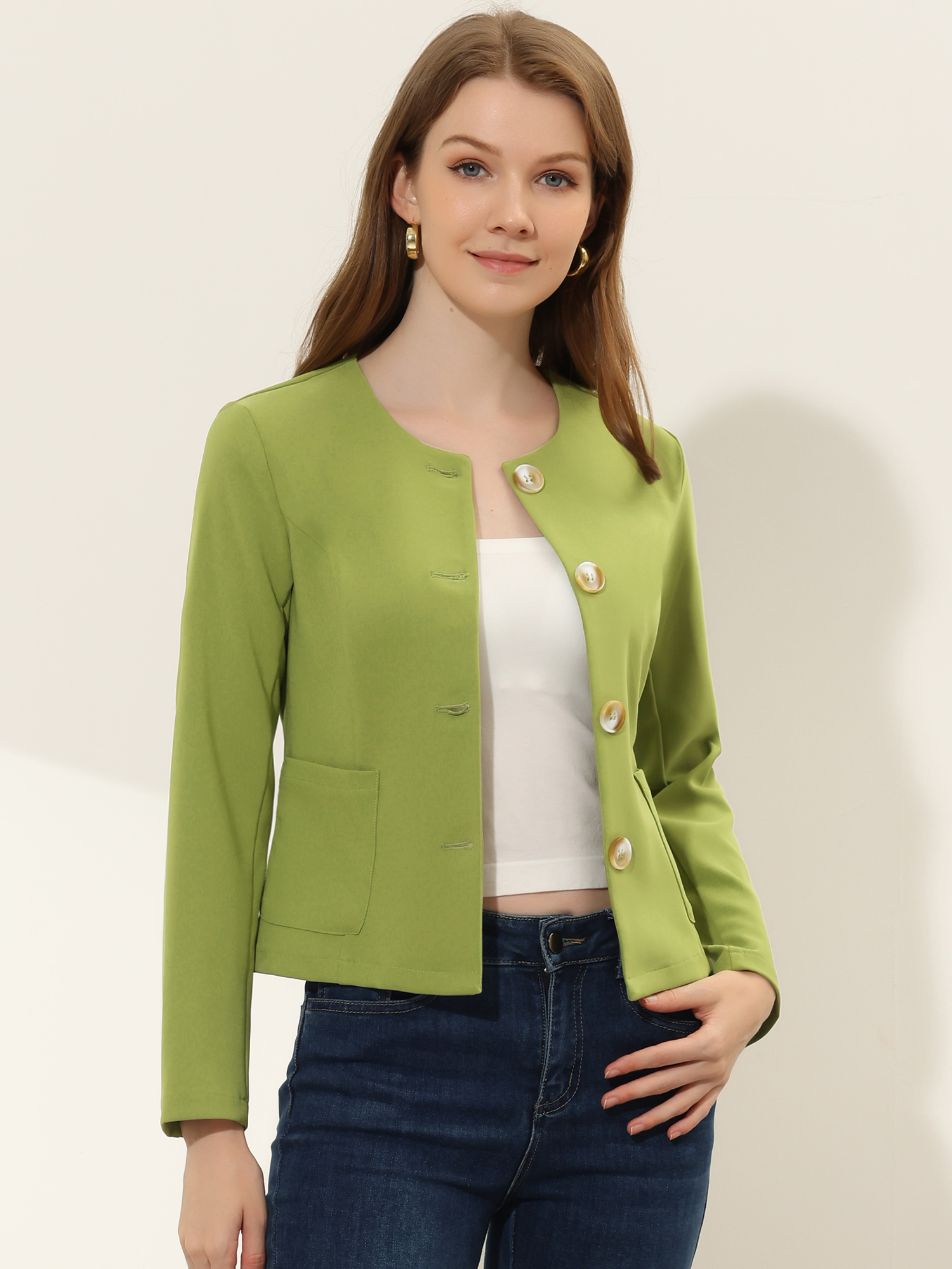 Fall Casual Jacket Elegant Button Front Work Office Blazer Green/XS