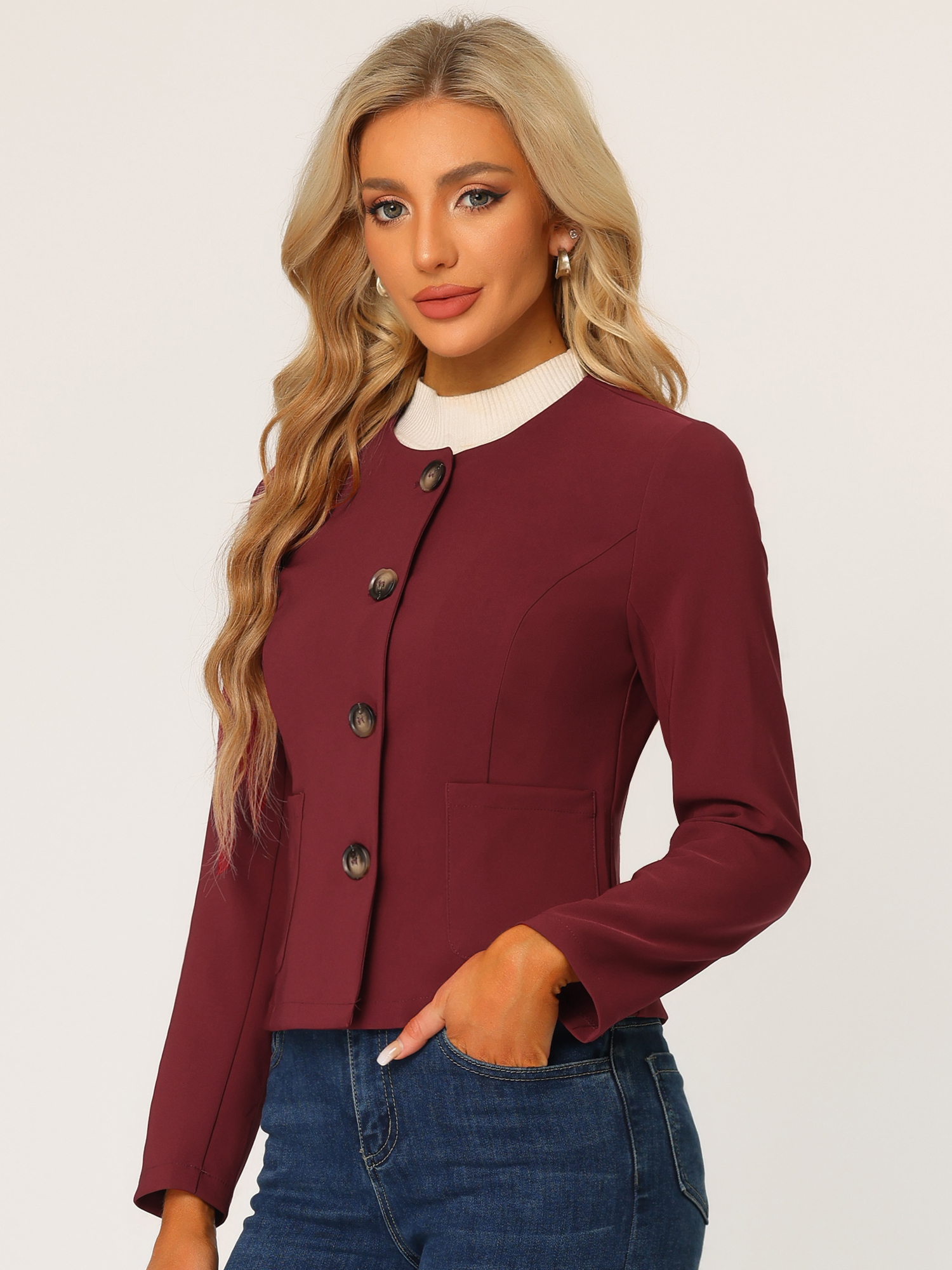 Fall Casual Jacket Elegant Button Front Work Office Blazer Burgundy/S