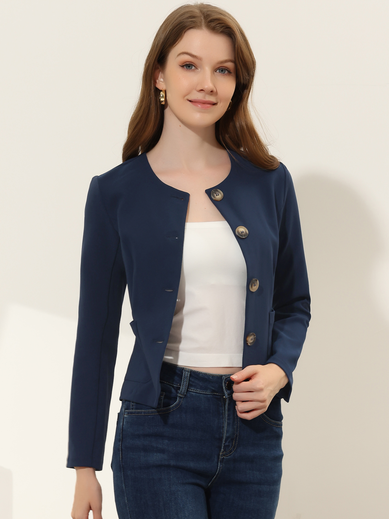 Fall Casual Jacket Elegant Button Front Work Office Blazer Navy Blue/XS
