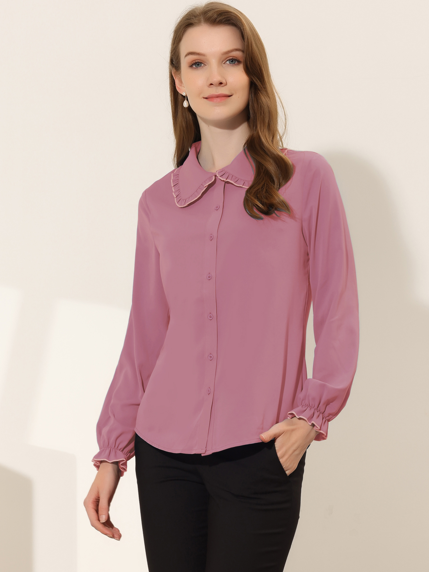 Sweet Ruffle Peter Pan Collar Long Sleeve Button Up Shirt Rose Pink/S