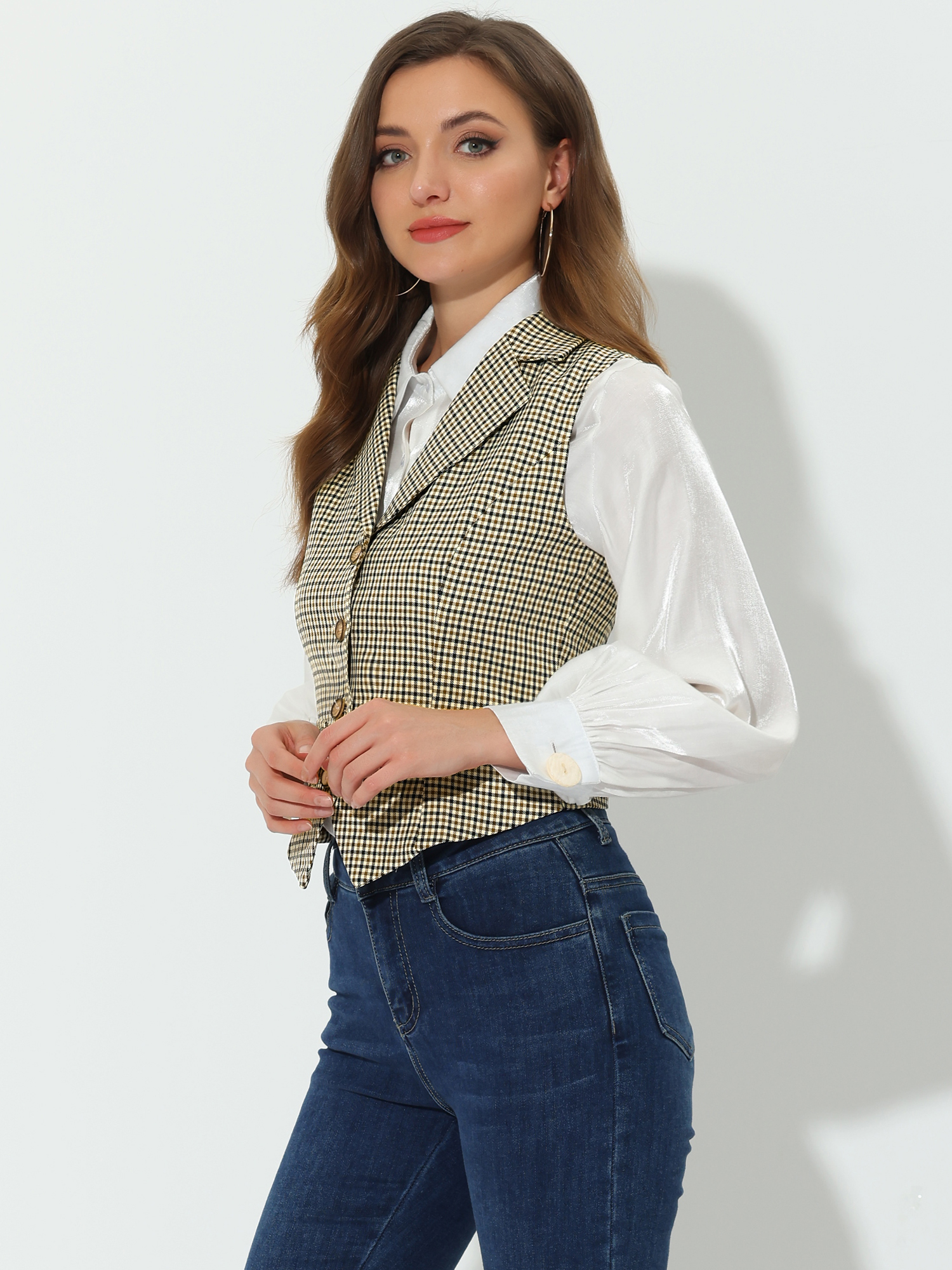 Plaid Waistcoat Notched Lapel Collar Single Breasted Vintage Vest Brown/XL