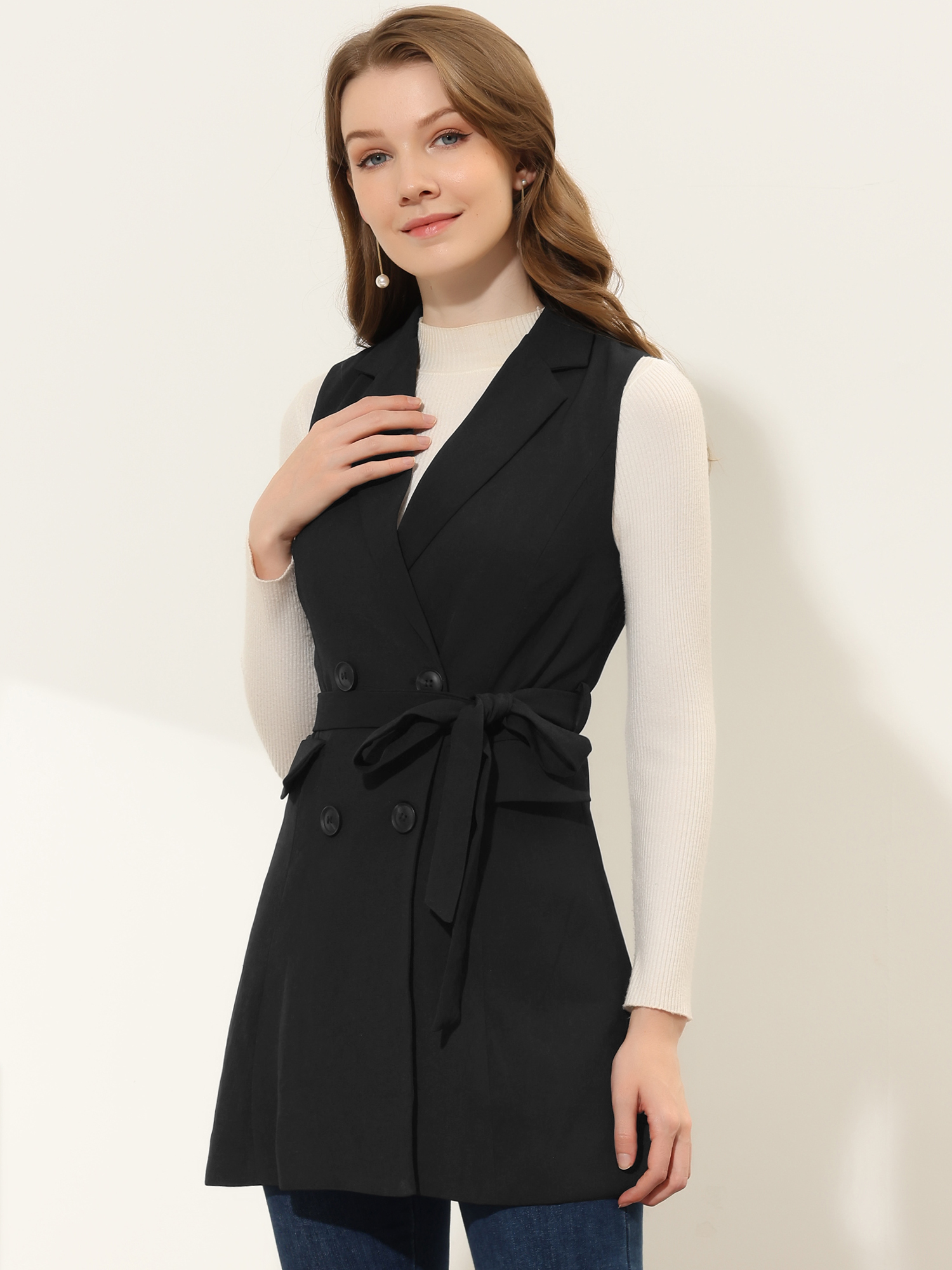 Sleeveless Double Breasted Belt Waist Lightweight Trench Coat Vest Black/S