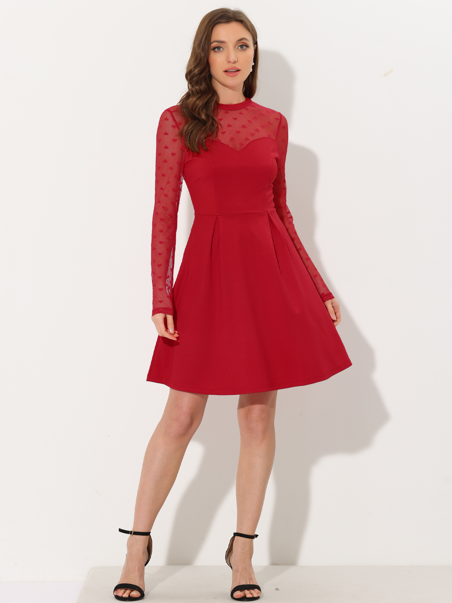 Party Heart Mesh Sheer Sleeve Crew Neck Skater Short Dress Red/L