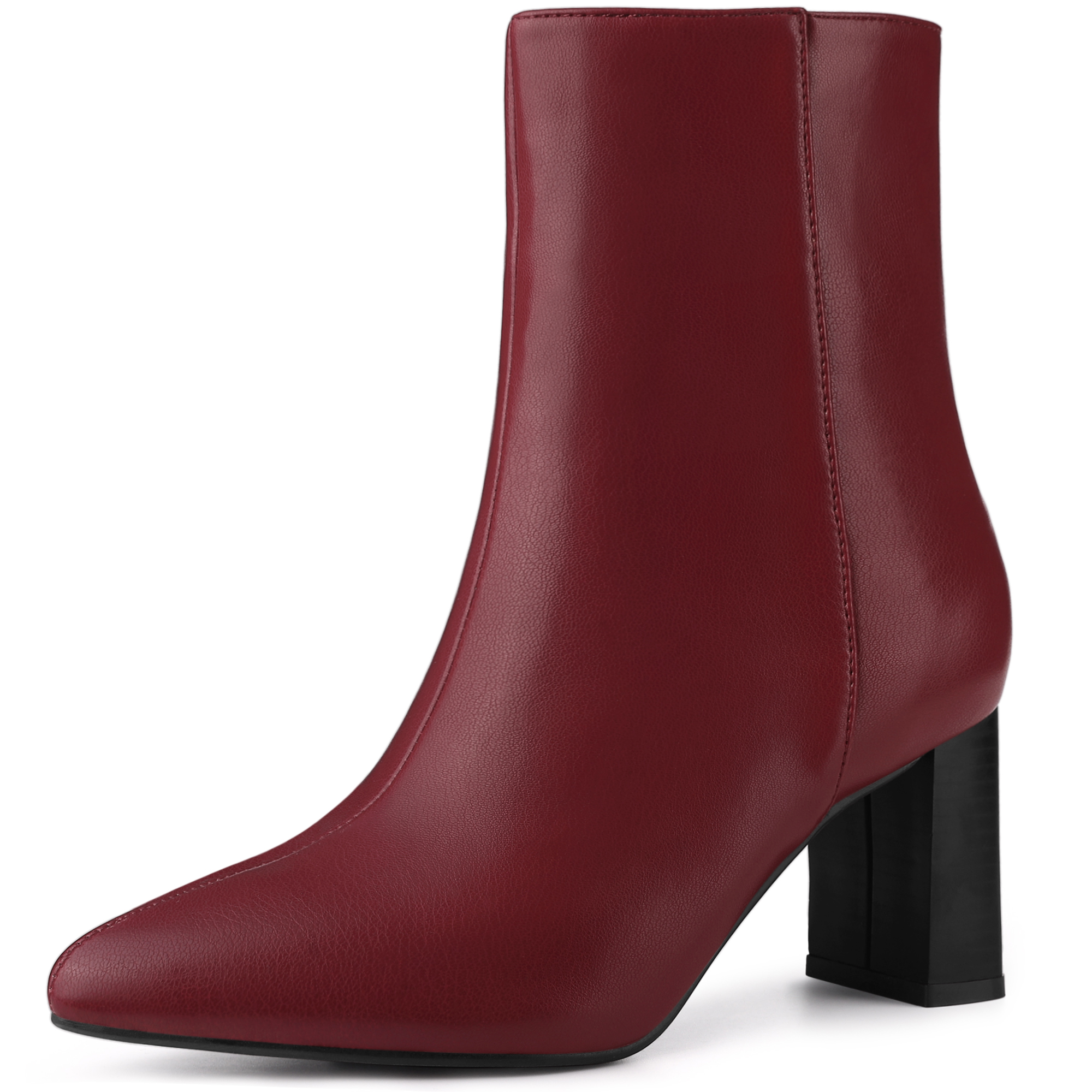 PU Leather Pointed Toe Chunky Heel Side Zipper Ankle Boots Red/7