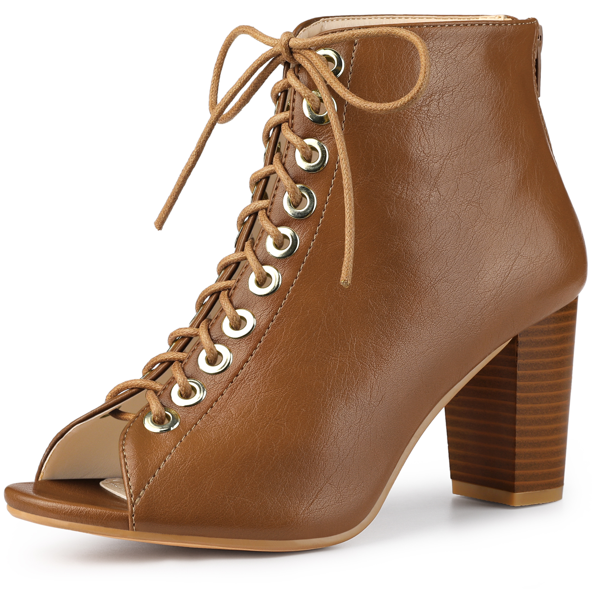Peep Toe Lace Up Chunky Heel Ankle Booties Brown/6.5