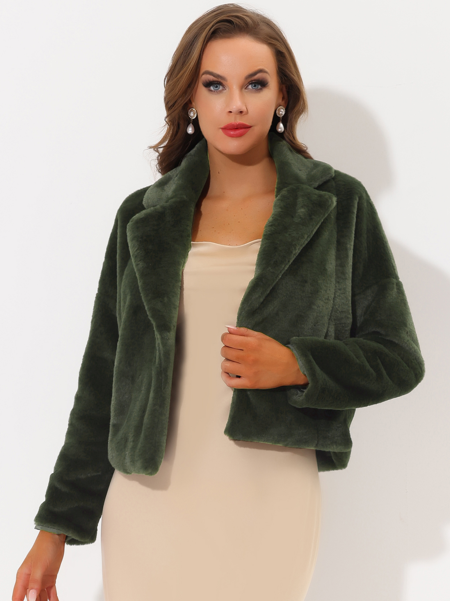 Allegra K Cropped Jacket Notch Lapel Faux Fur Fluffy Coat Army Green/XS