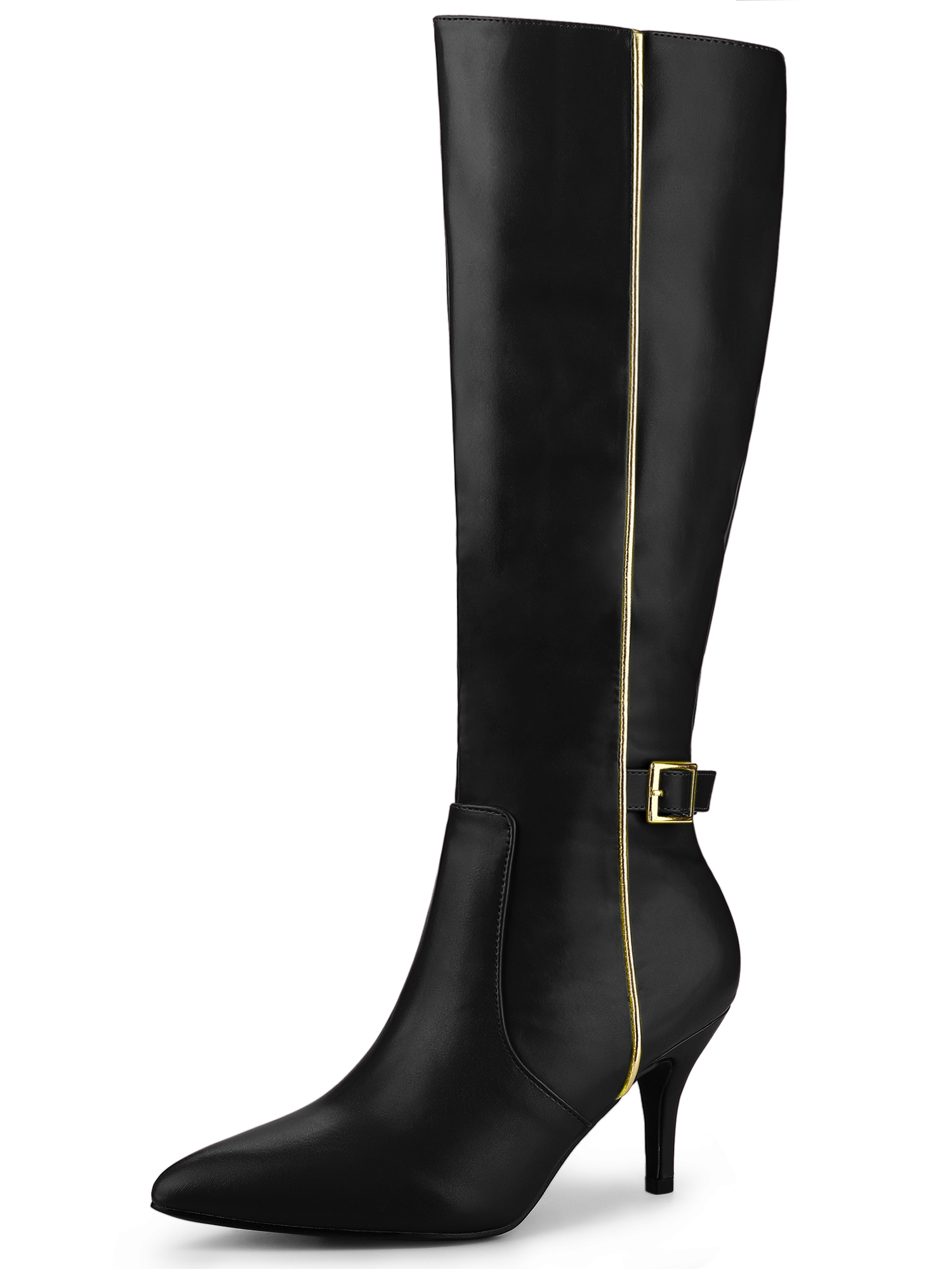 Pointy Toe Buckle Stiletto Heel Knee High Boots Black/11