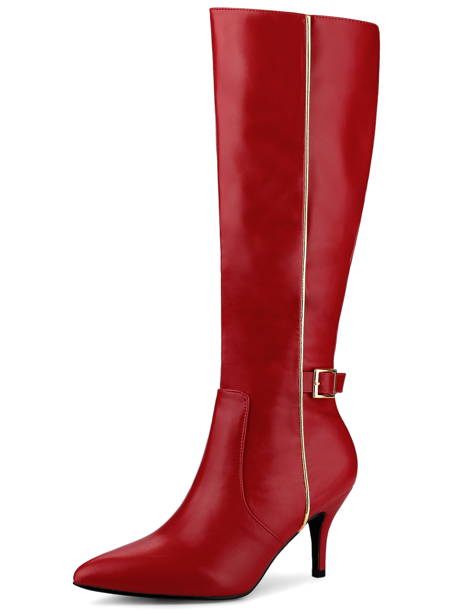 Pointy Toe Buckle Stiletto Heel Knee High Boots Red/11