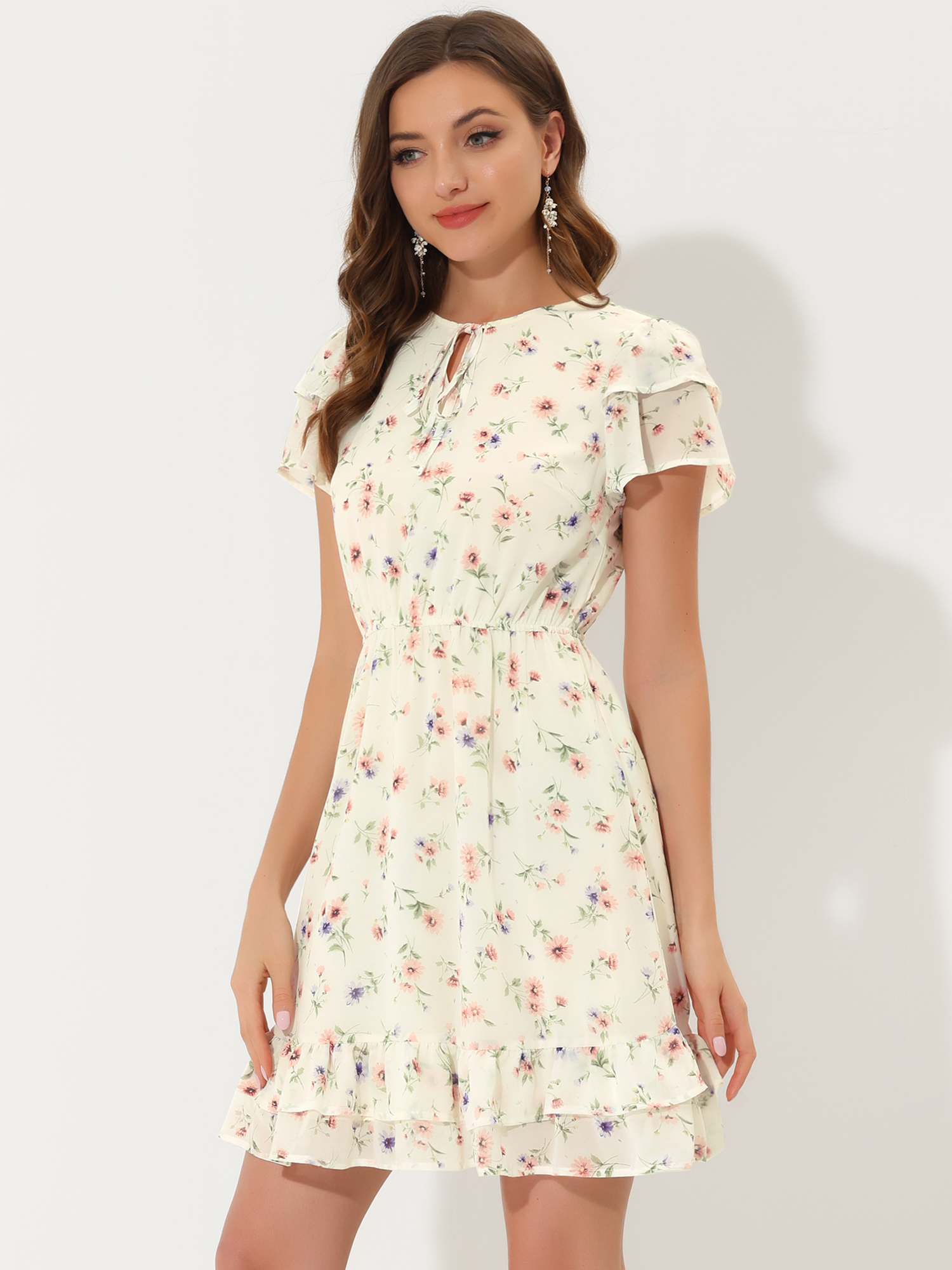 Ruffle Sleeve V Neck Above Knee A-Line Floral Chiffon Dress Cream White/L