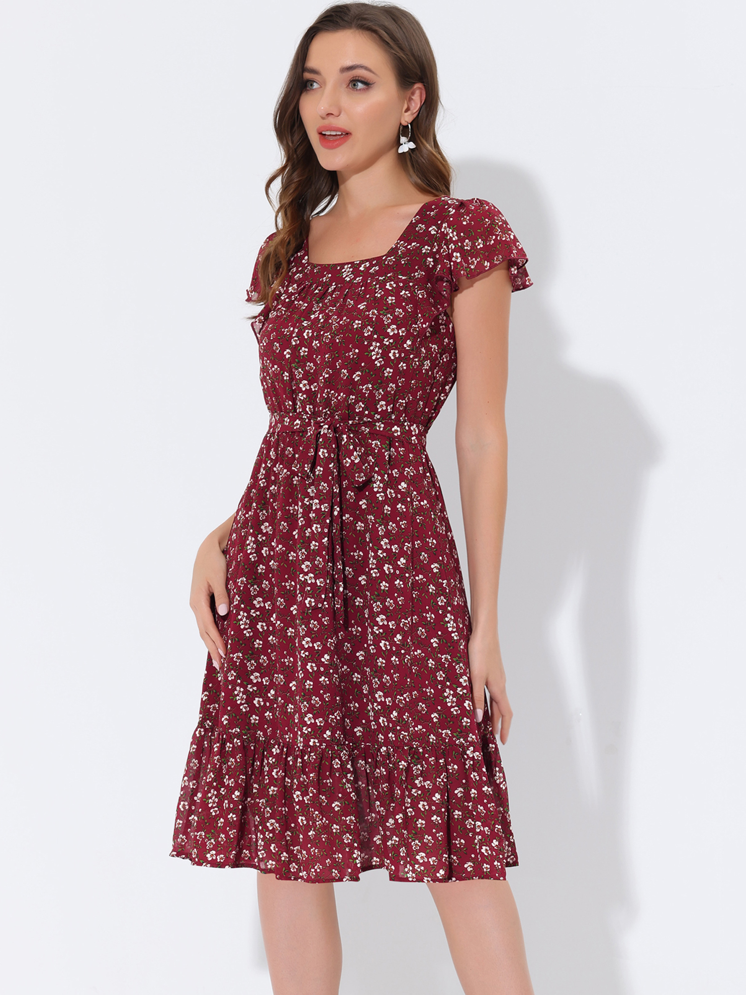 Floral Chiffon Flutter Sleeve Belted Square Neck Ruffled Hem Dress Burgundy/XL