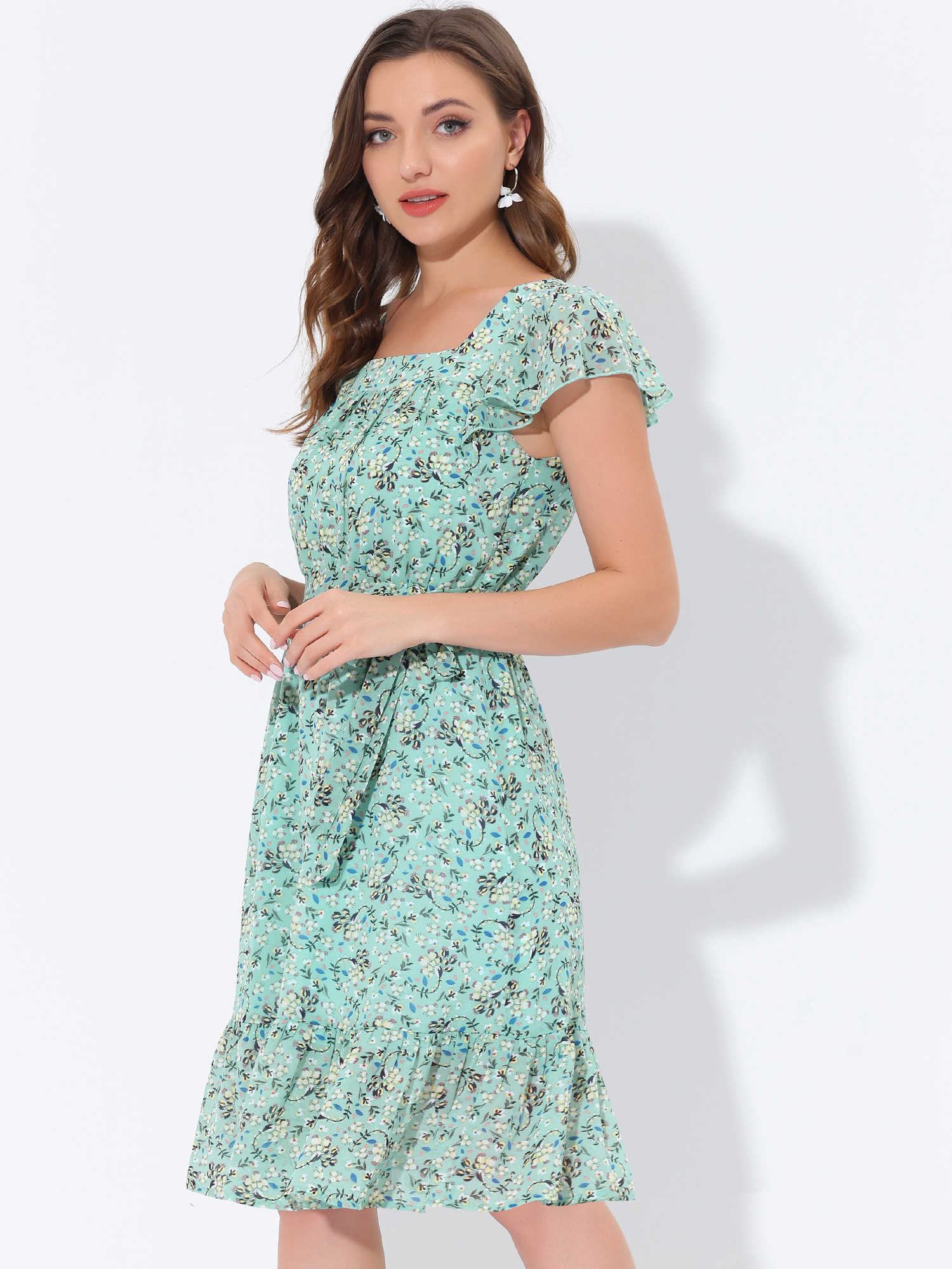 Allegra – Floral Chiffon Flutter Sleeve Belted Square Neck Ruffled Hem Dress Green/M