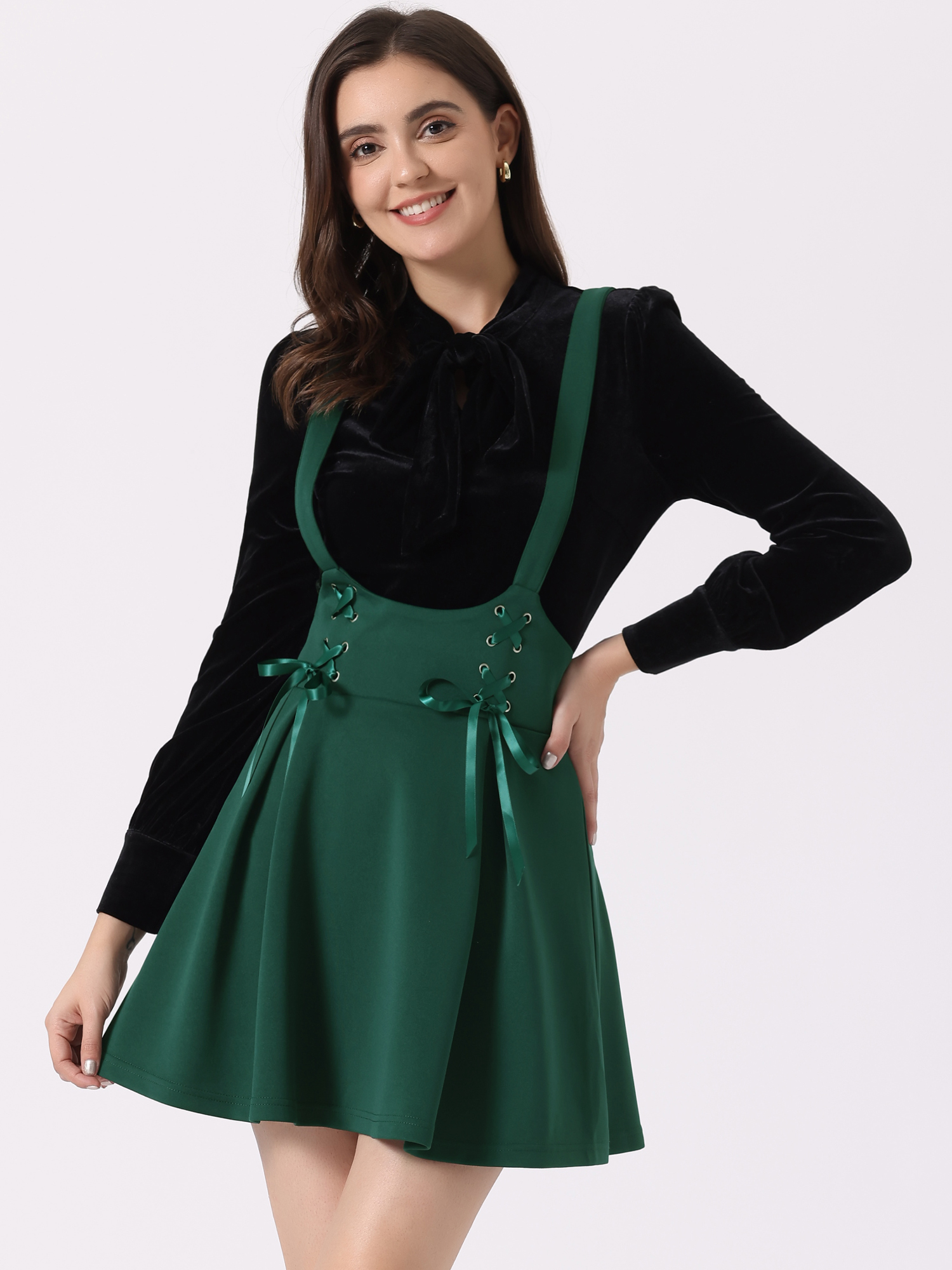 High Waist Brace A-Line Mini Lace Up Suspender Skirt Dark Green/L
