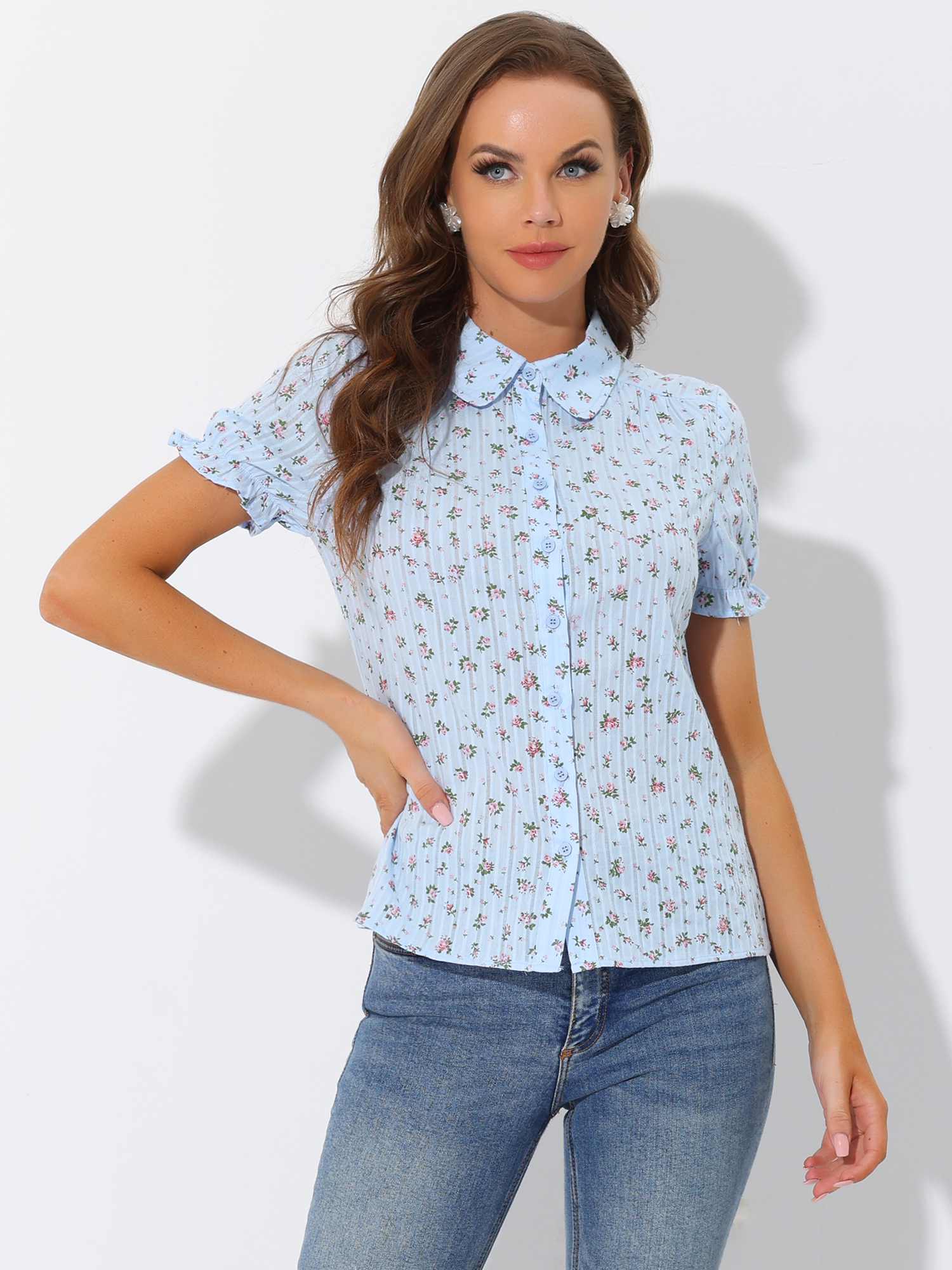 Floral Printed Peter Pan Collar Cotton Short Sleeve Shirt Light Blue/L