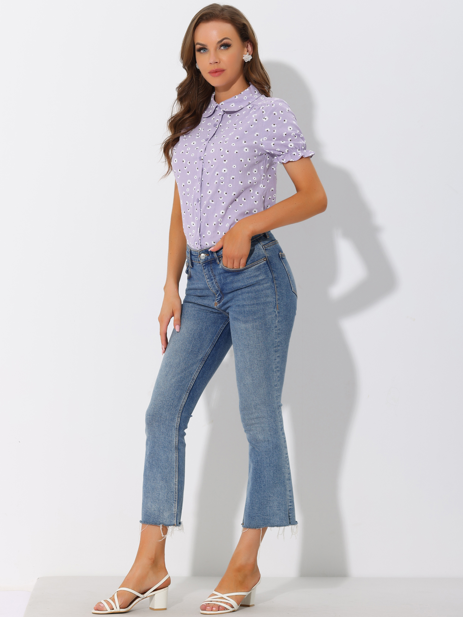 Floral Printed Peter Pan Collar Cotton Short Sleeve Shirt Purple/M