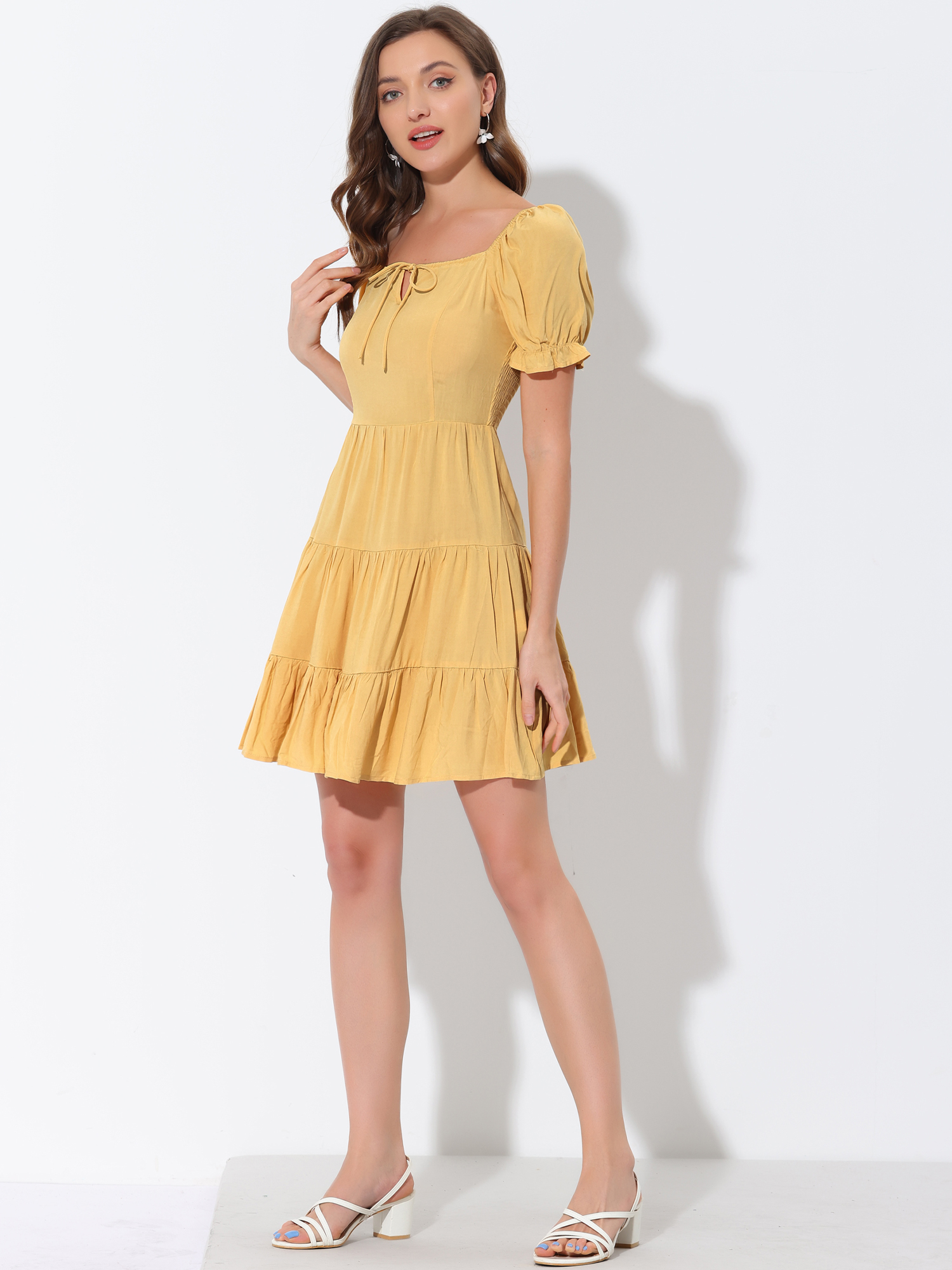 Cute Flowy Ruffle Short Sleeve Tiered Square Tie Neck Dress Yellow/XS