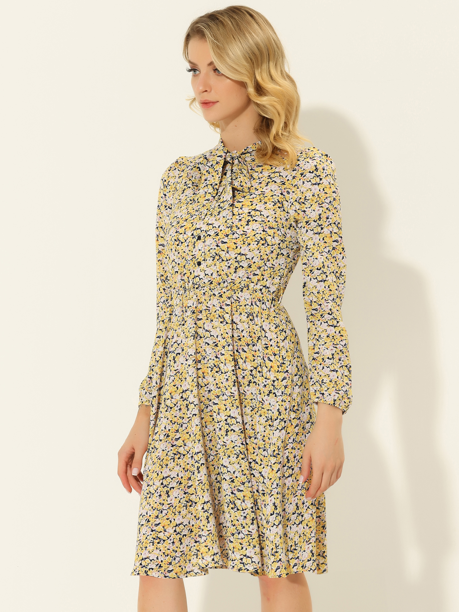 Tie Neck Chiffon Long Sleeve Belted Vintage Floral Dress Navy Yellow/L