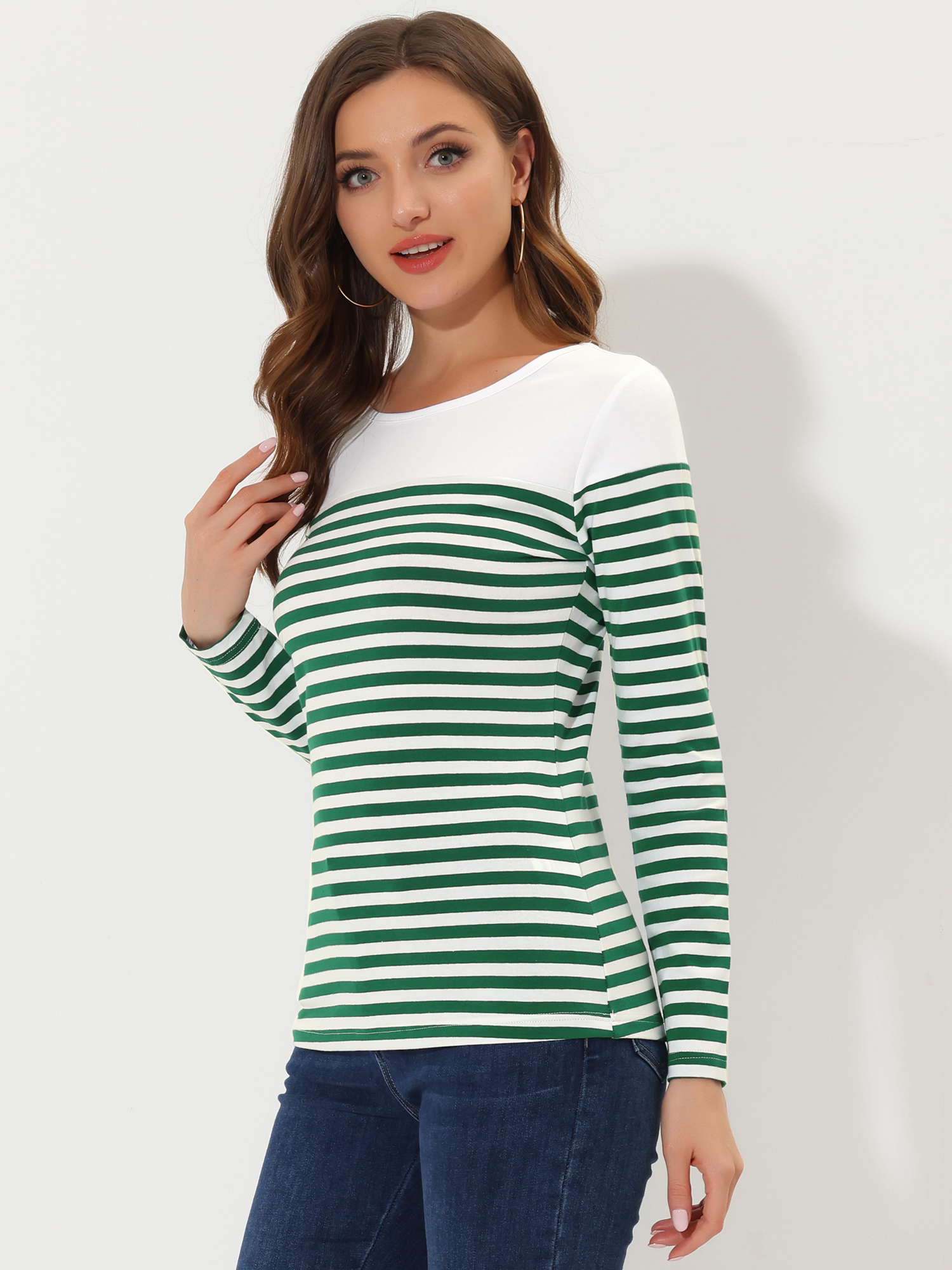 Color Block Long Sleeve Round Neck Striped T-Shirt Dark Green/M