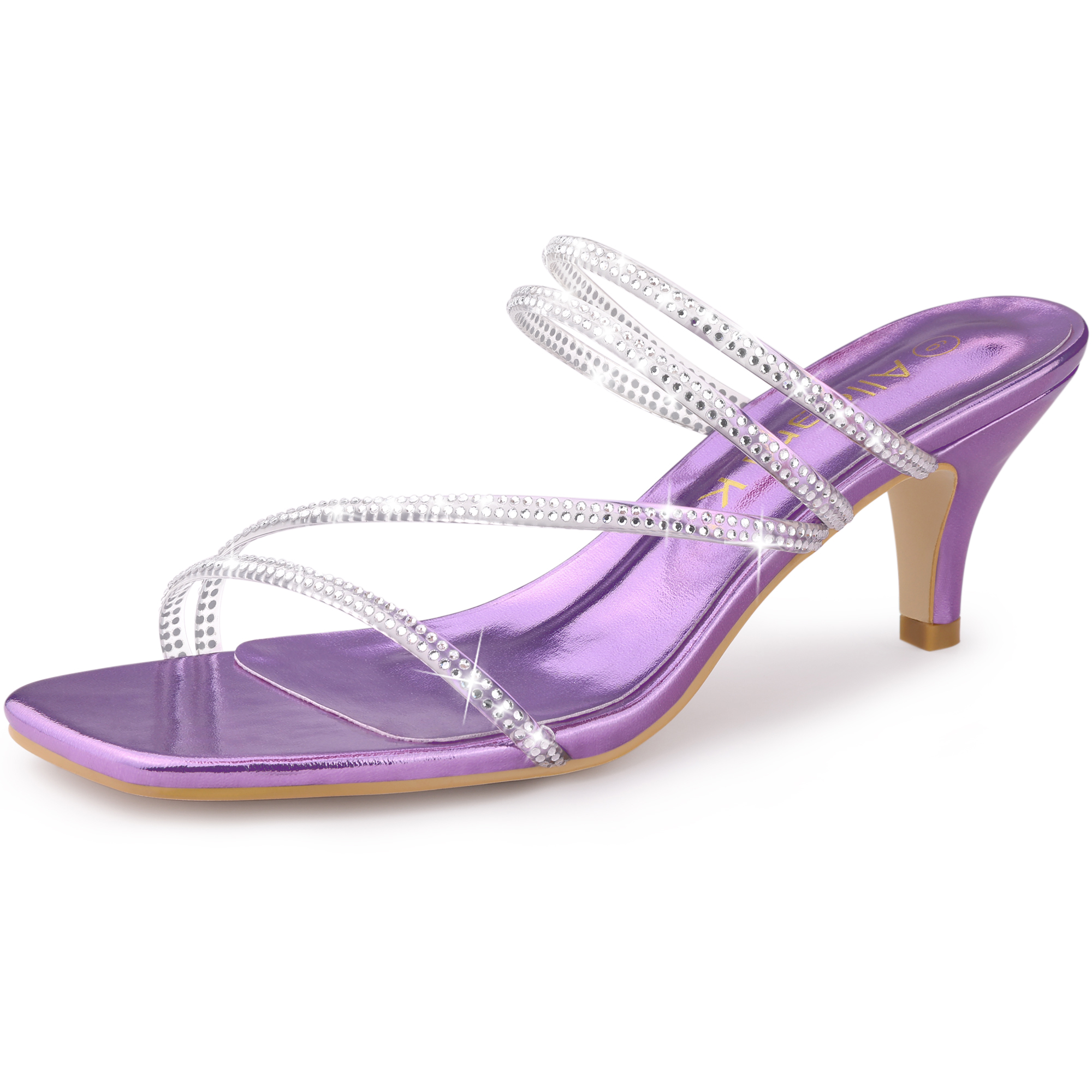 Square Toe Rhinestone Strappy Kitten Heel Slide Sandals Purple/7.5
