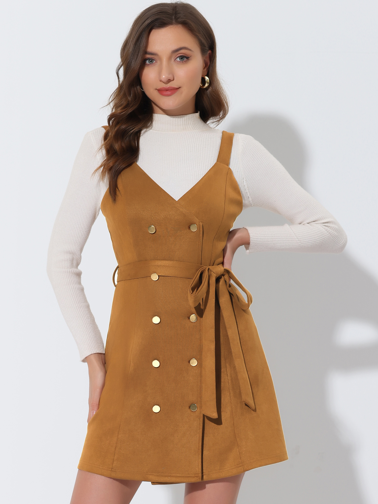 Faux Suede V Neck Button Down Belted Pinafore Overall Dress Brown/M
