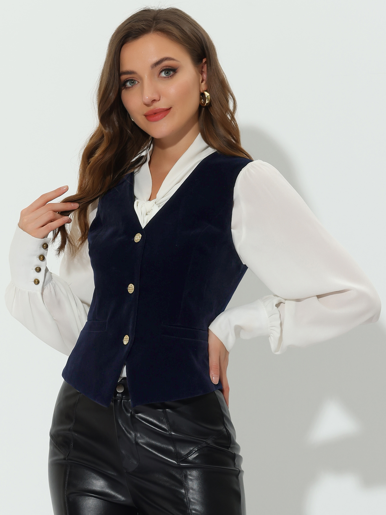 Waistcoat Steampunk Velvet Sleeveless Button Down V-Neck Suit Vests Dark Blue/L