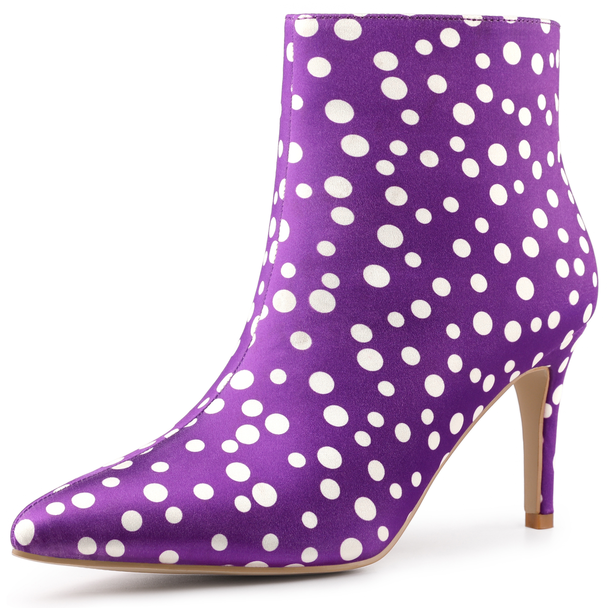 Polka Dots Pointed Toe Stiletto Heel Satin Ankle Boots Purple/7.5