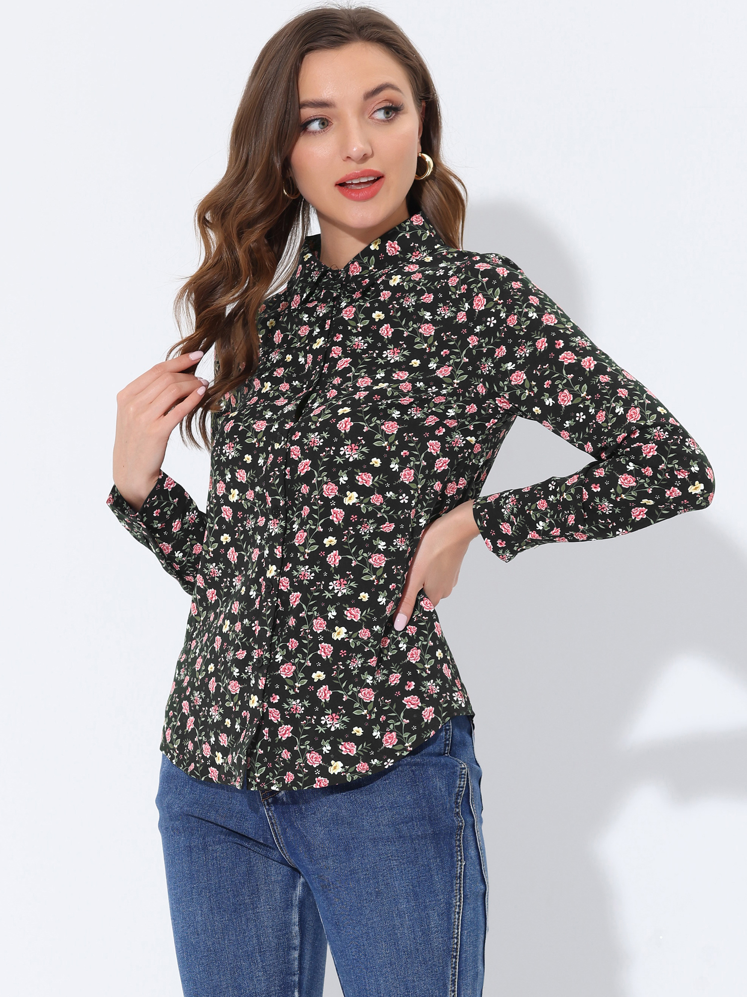 Button Down Floral Long Sleeve Point Collar Blouse Black Red/S