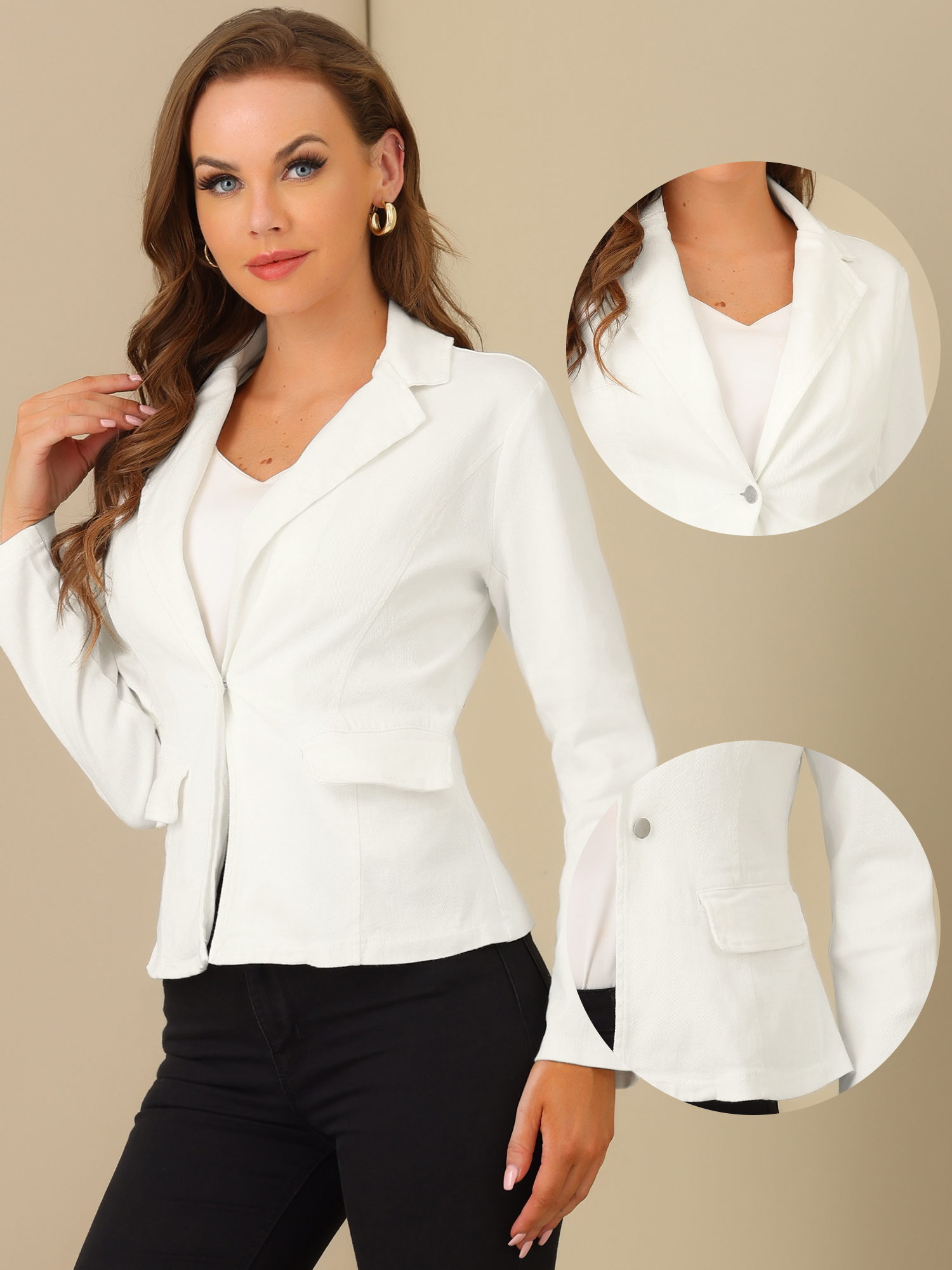 Notched Lapel One Button Long Sleeve Business Washed Denim Blazer White/S