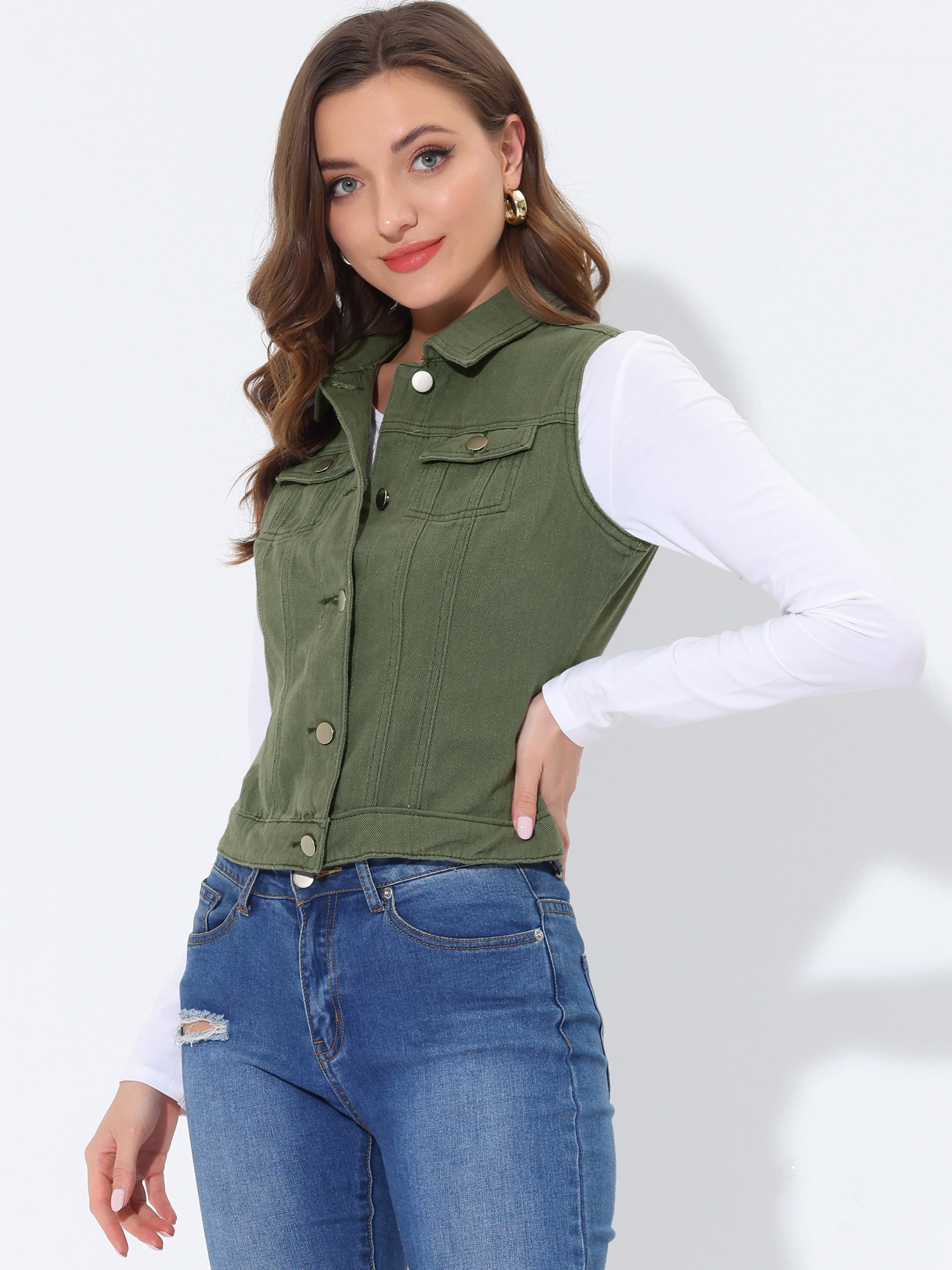 Flap Pocket Washed Buttoned Denim Jacket Vest Army Green/XS