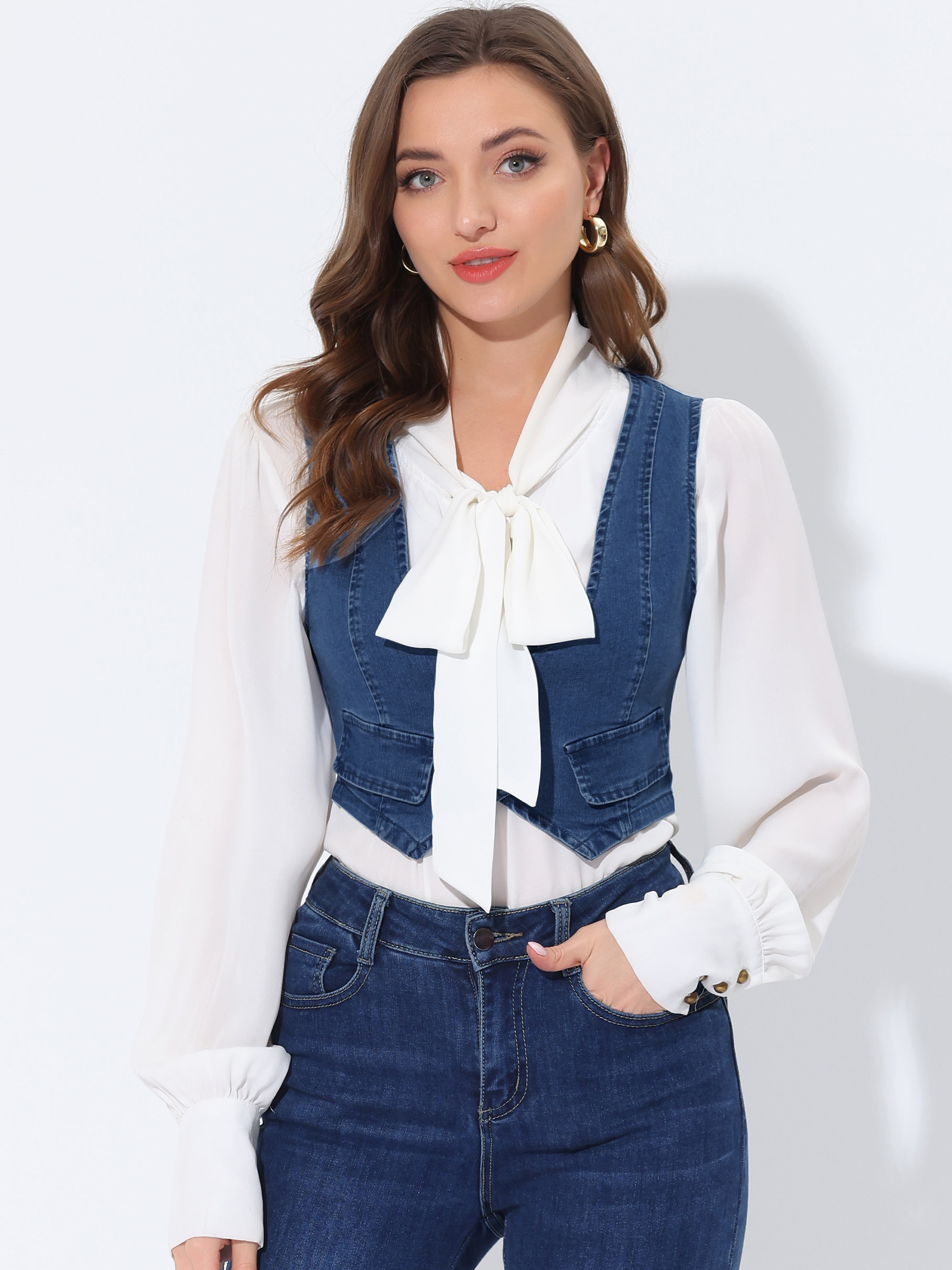 Denim Vintage Button Up Sleeveless Crop Jean Waistcoat Vest Mid-Blue/XS
