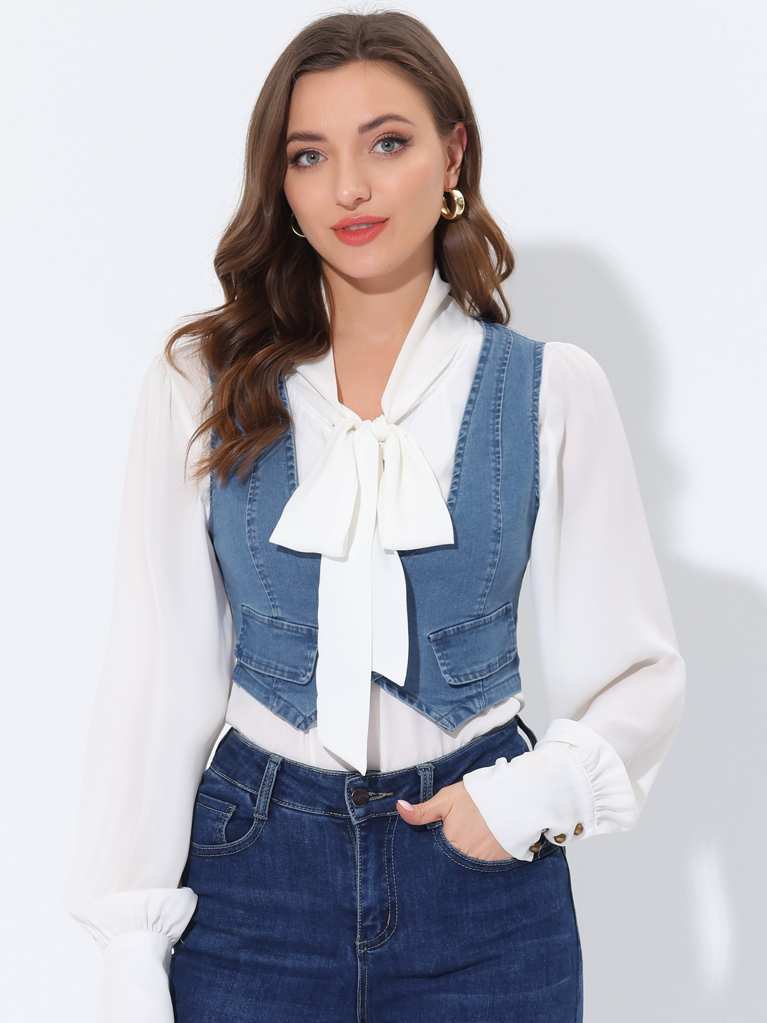 Denim Vintage Button Up Sleeveless Crop Jean Waistcoat Vest Light Blue/XS