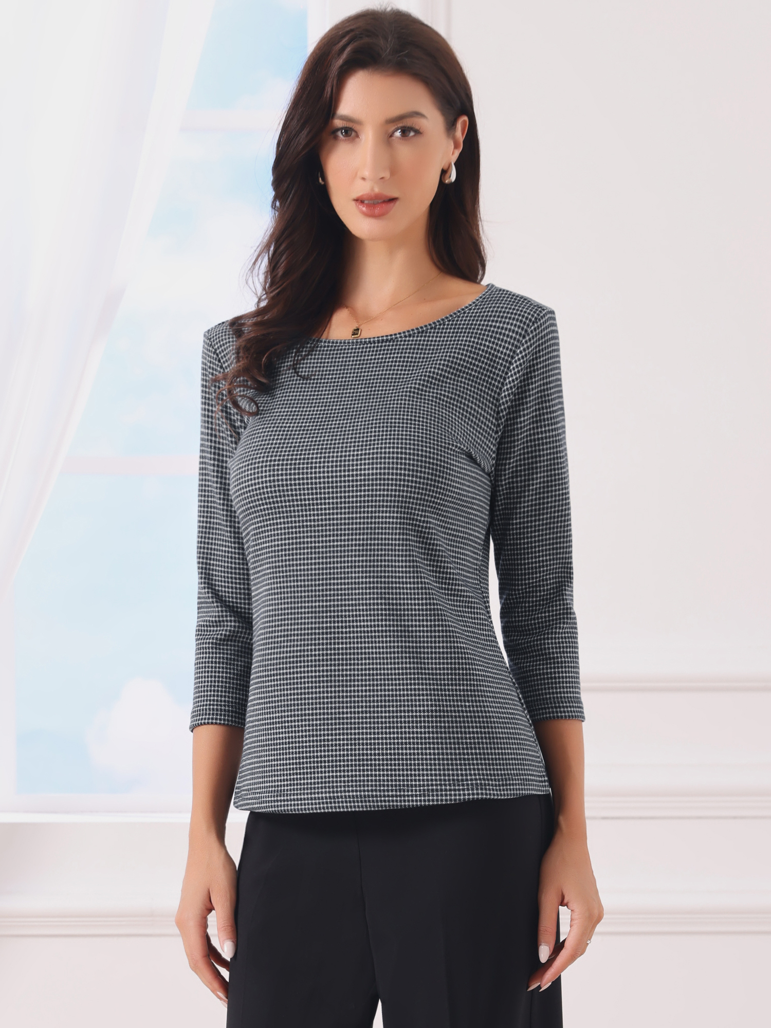 Office 3/4 Sleeve Boat Neck Houndstooth Printed Top Blouse Dark Blue/S