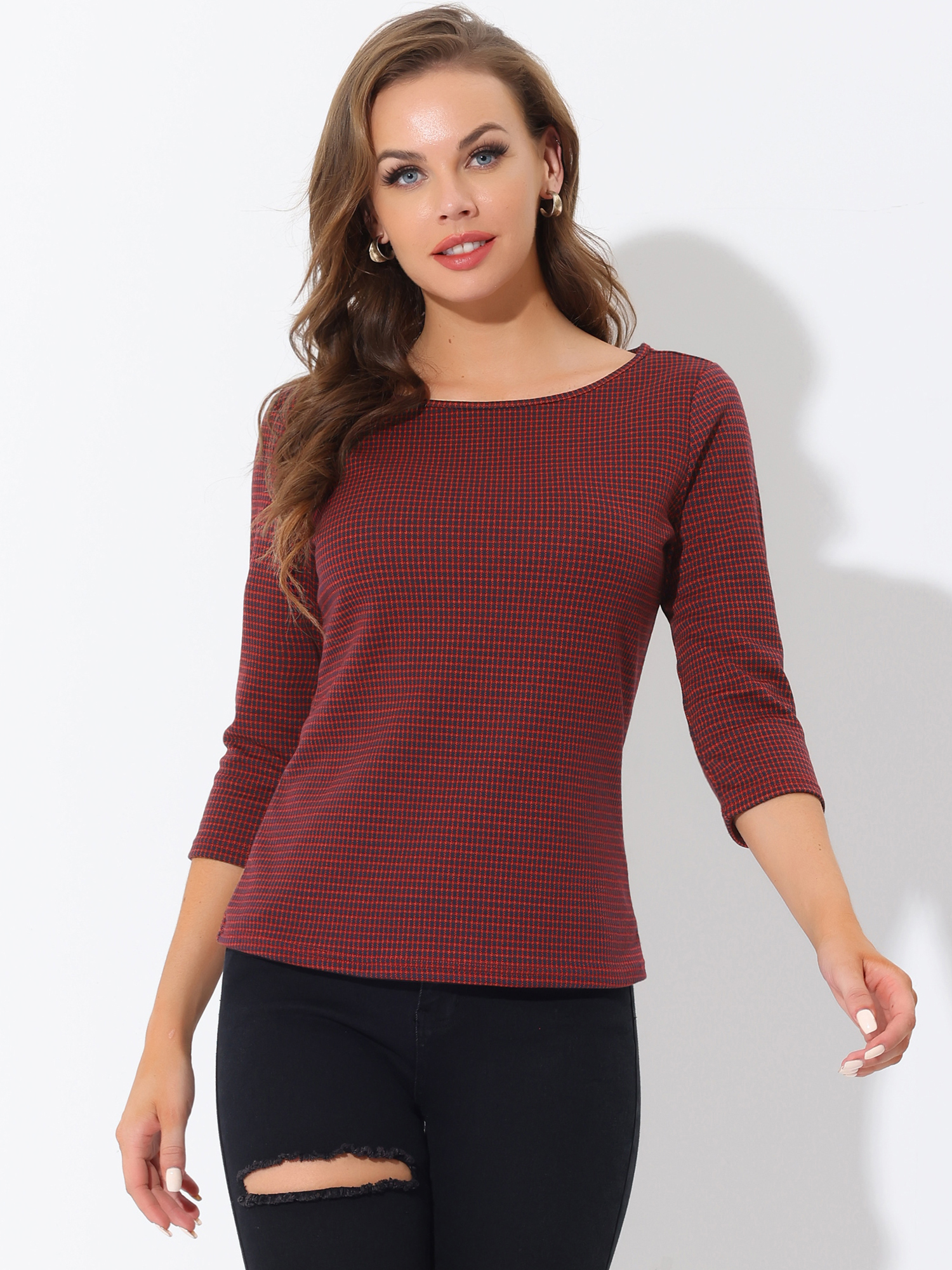 Office 3/4 Sleeve Boat Neck Houndstooth Printed Top Blouse Red A/S