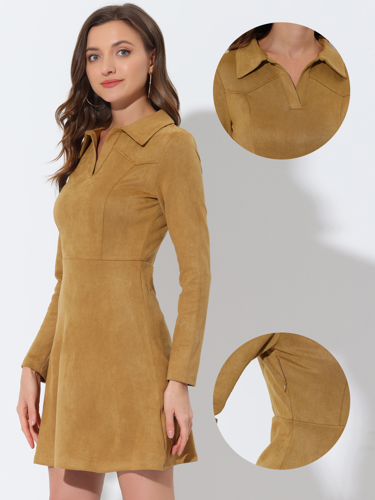 Faux Suede Lapel Neck Valentine's Day Long Sleeve A-Line Dress Khaki/XL