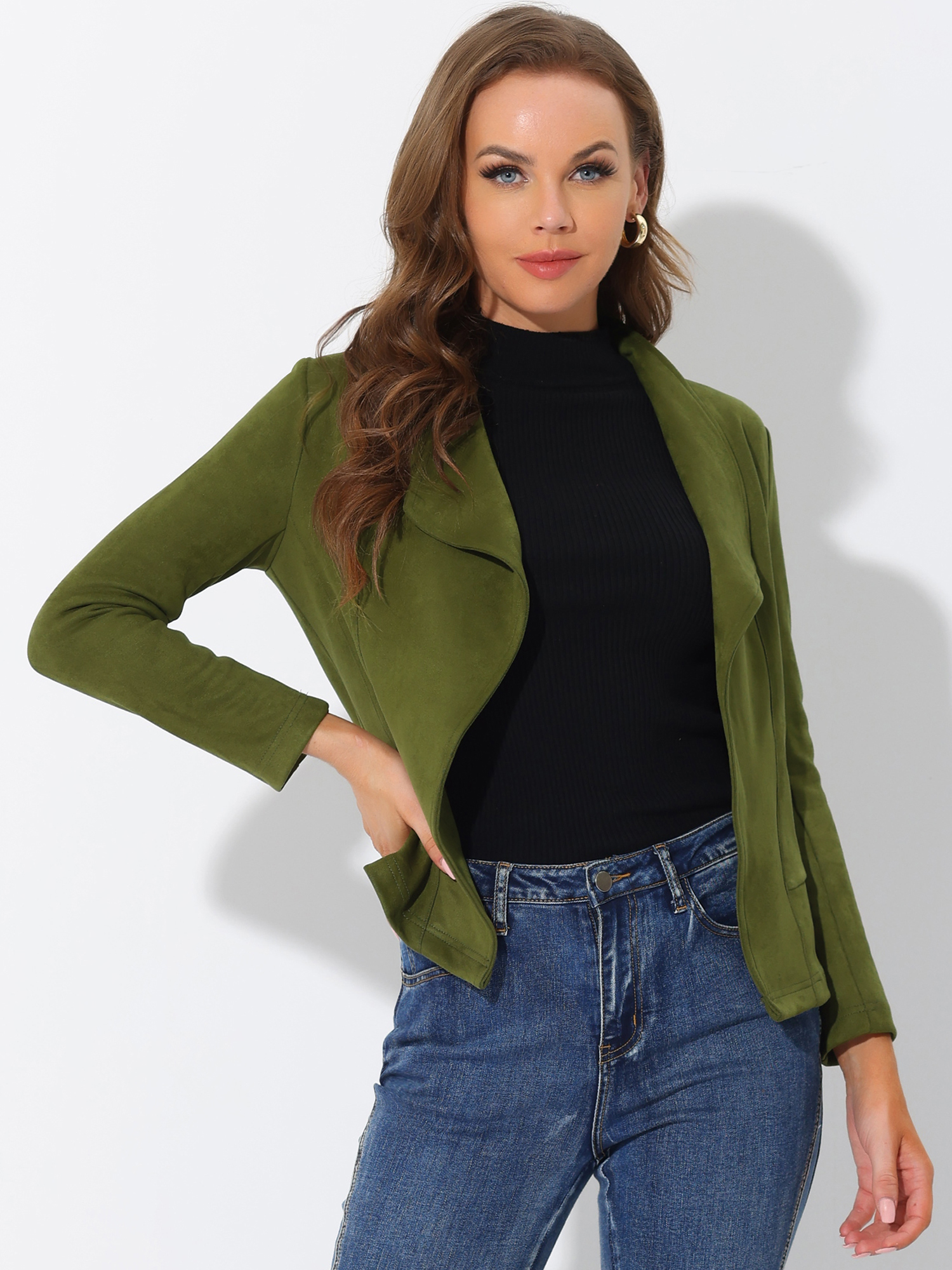 Faux Suede Jacket Open Front Lapel Draped Outwear Cardigan Army Green/XS