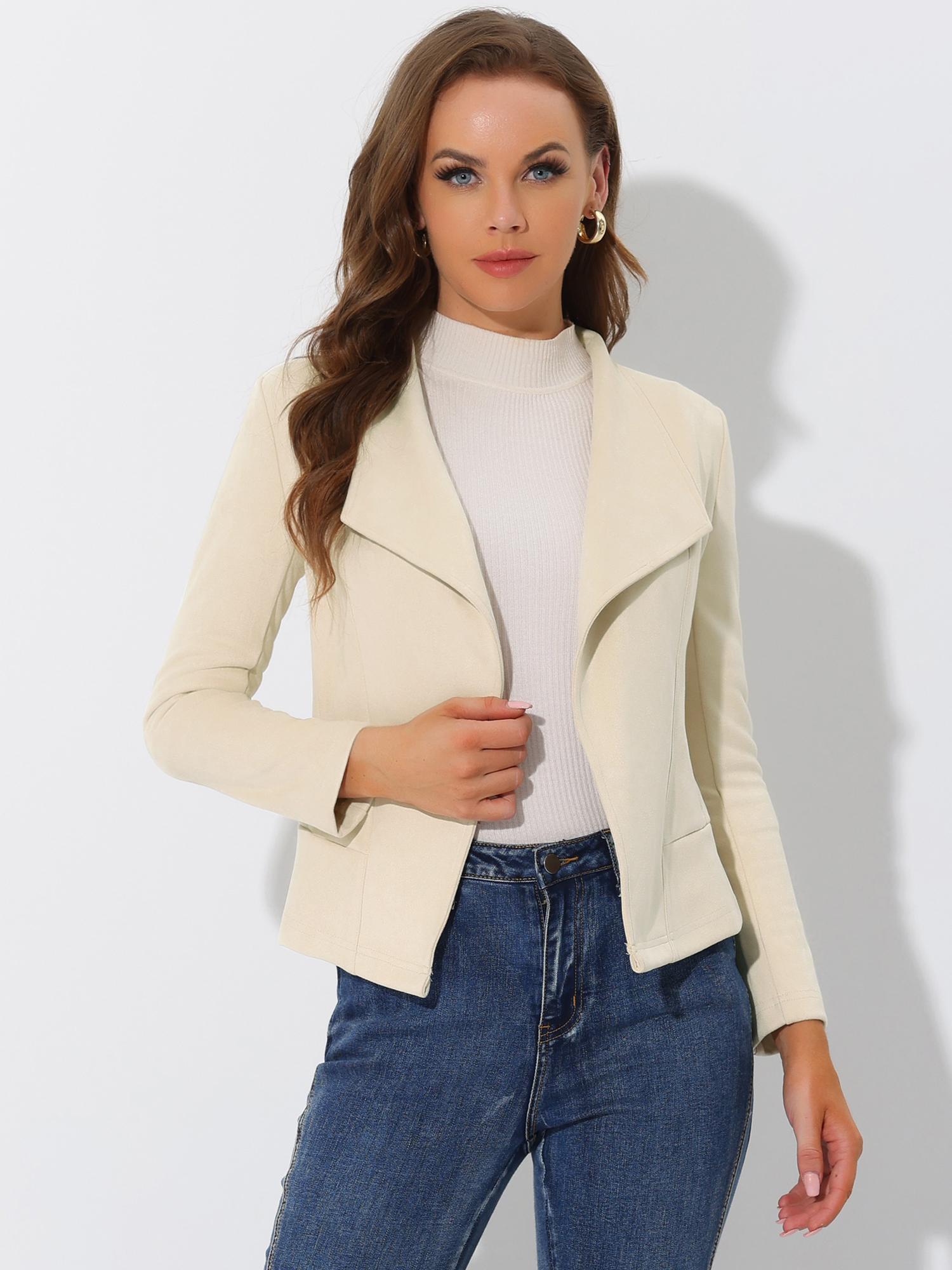 Faux Suede Jacket Open Front Lapel Draped Outwear Cardigan Apricot/M