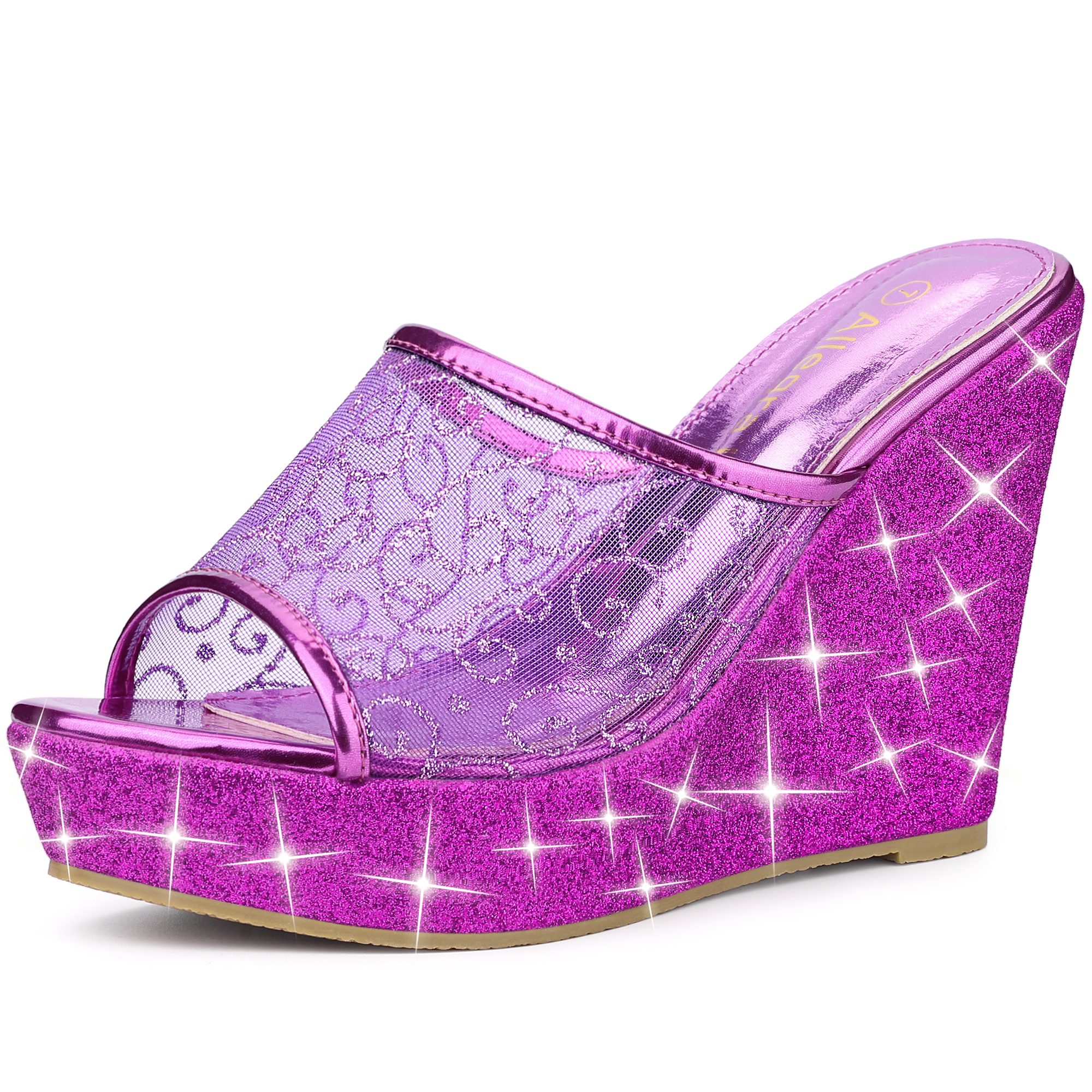 Glitter Platform Heel Slide Wedge Sandals Purple/8.5