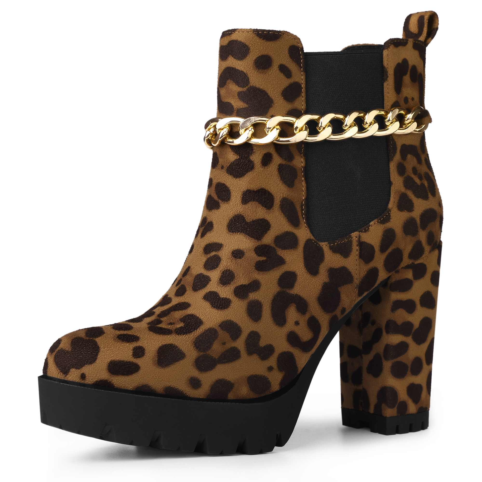 Platform Chain Chunky High Heel Chelsea Boots Leopard/7