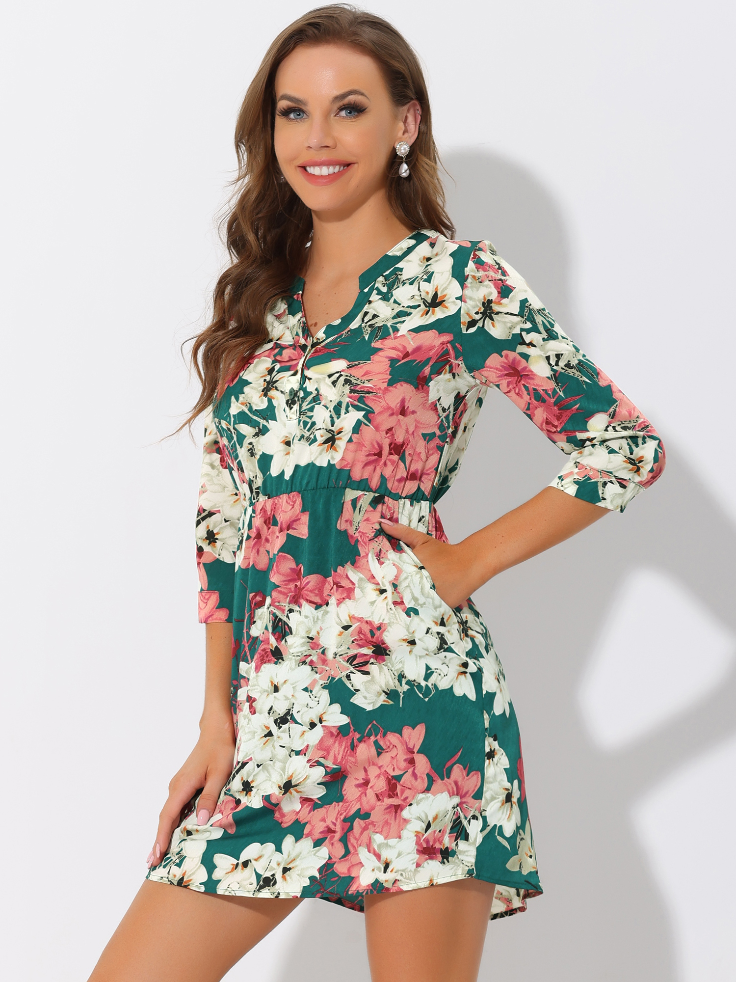 Button-Up V Neck 3/4 Sleeve Floral T-Shirt Dress with Pockets Dark Green/XL