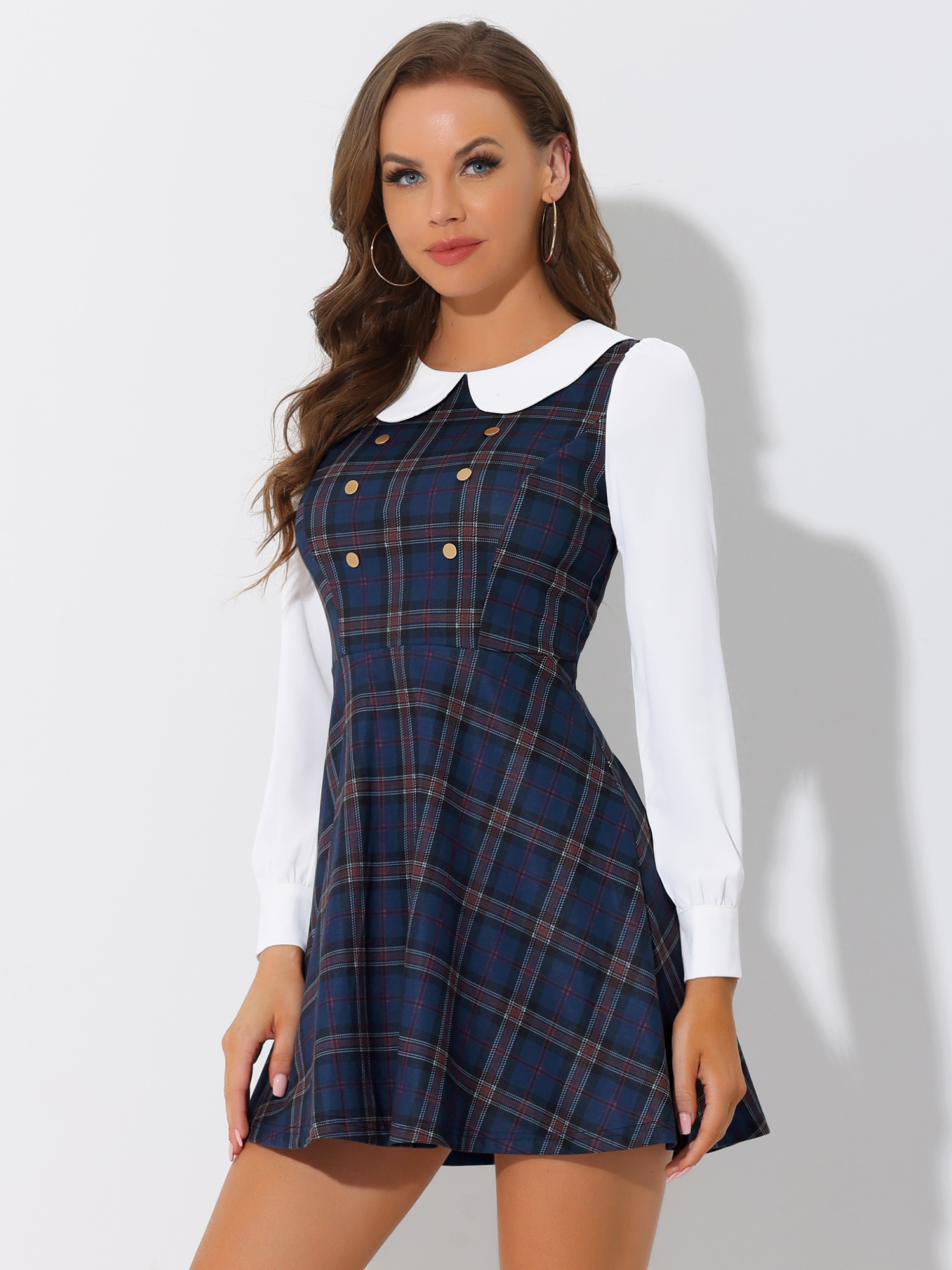 Peter Pan Collar Contrast Color Button Decor Plaid Dress Dark Blue/M
