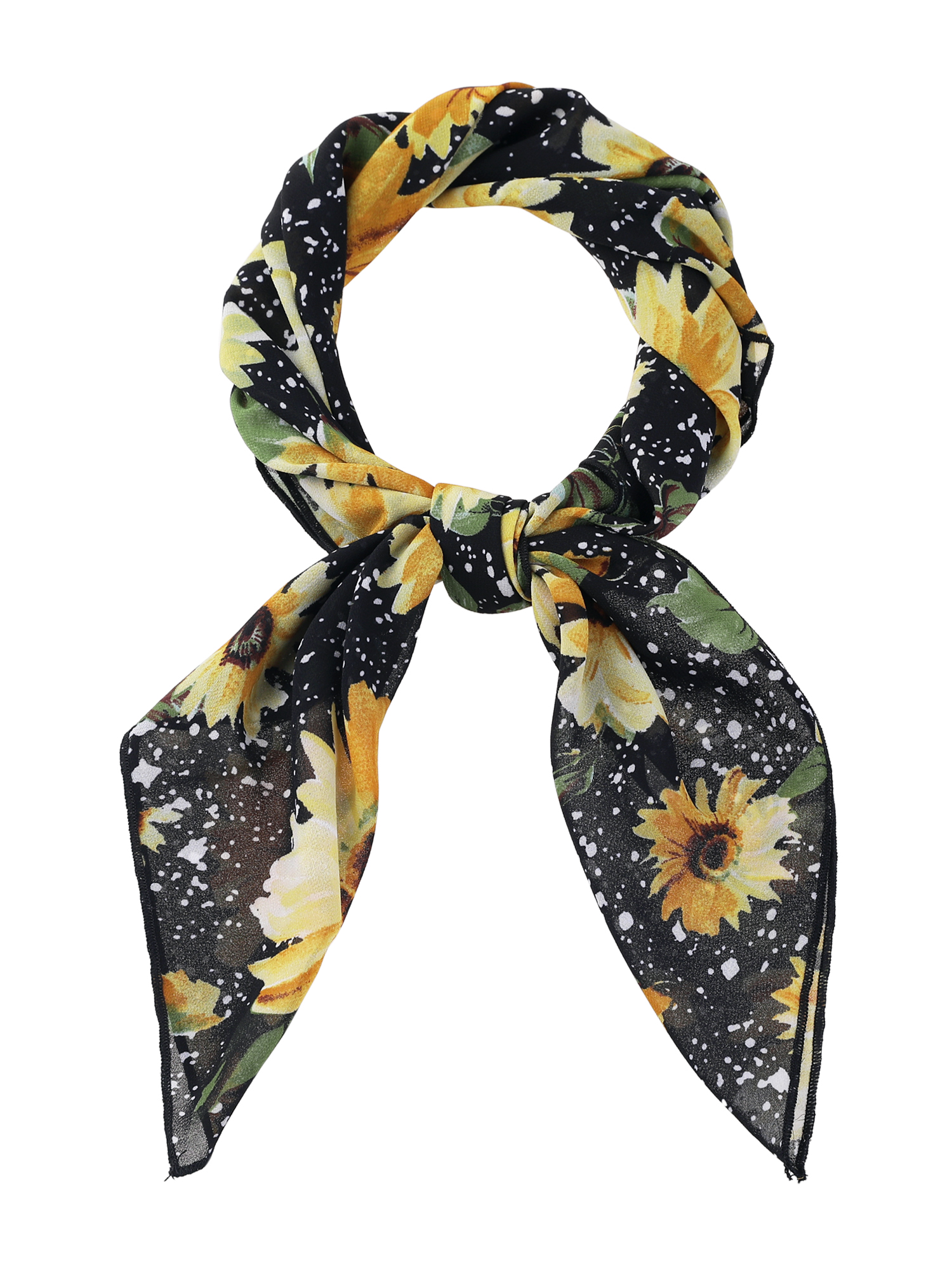 Chiffon Floral Print Square Kerchief Neck Scarf Neckerchief Black Sunflower/70x70cm/27.6x27.6 inches(LxW)