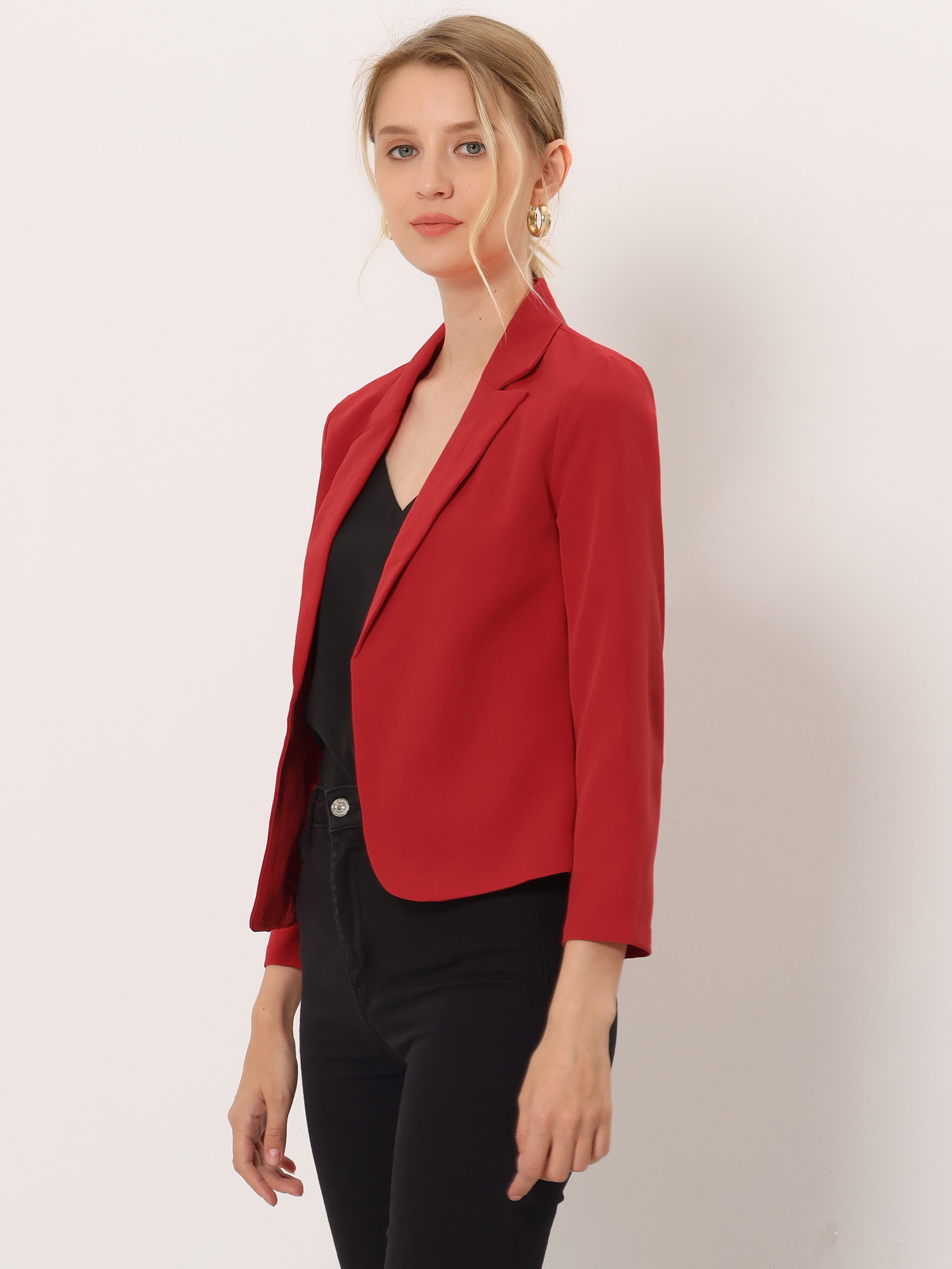 Open Front Office Work Business Crop Suit Blazer Jacket Red/L