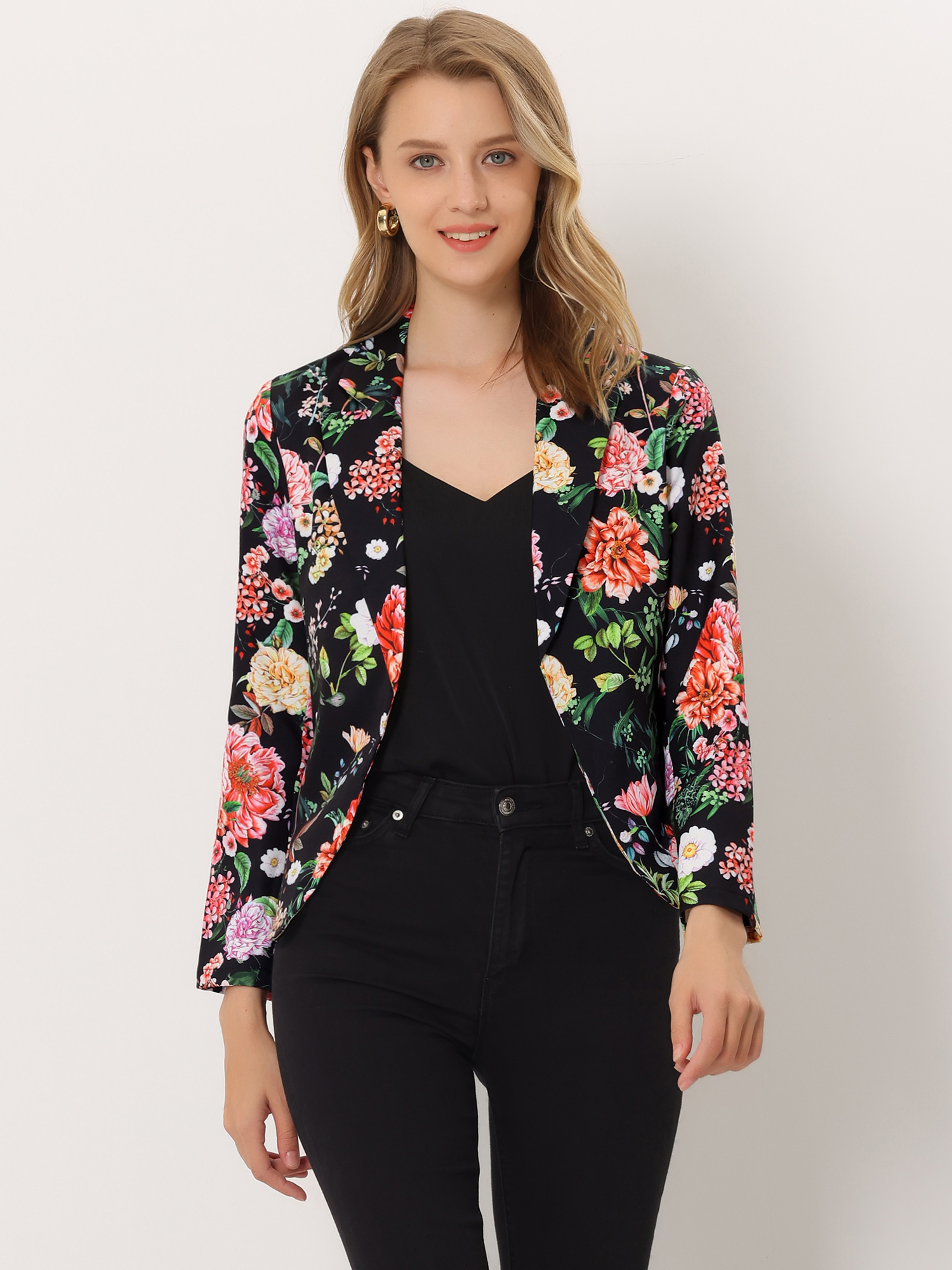 Open Front Floral Work Business Crop Blazer Jacket Black Red-Floral/M
