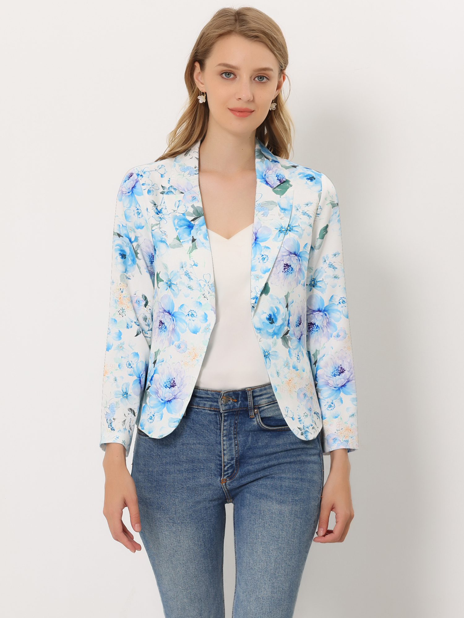 Open Front Floral Work Business Crop Blazer Jacket White Light Blue-Floral/XL