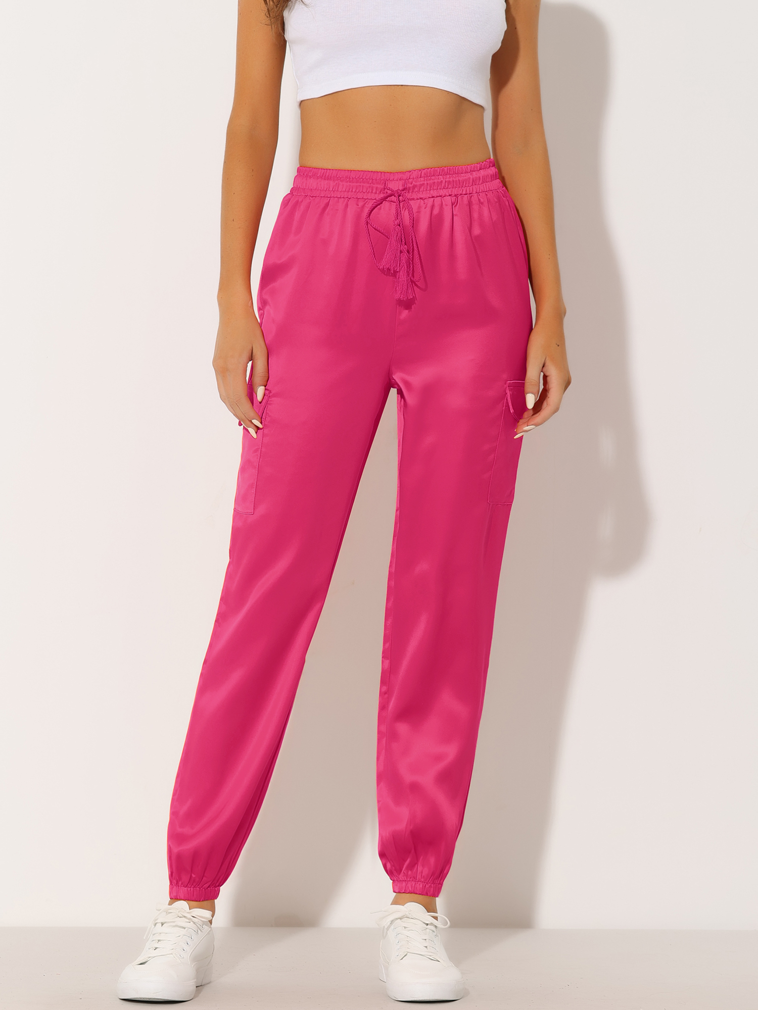 Women's Satin Joggers Drawstring Elastic High Waist Silky Satin Cargo Pants Rose Red/XL